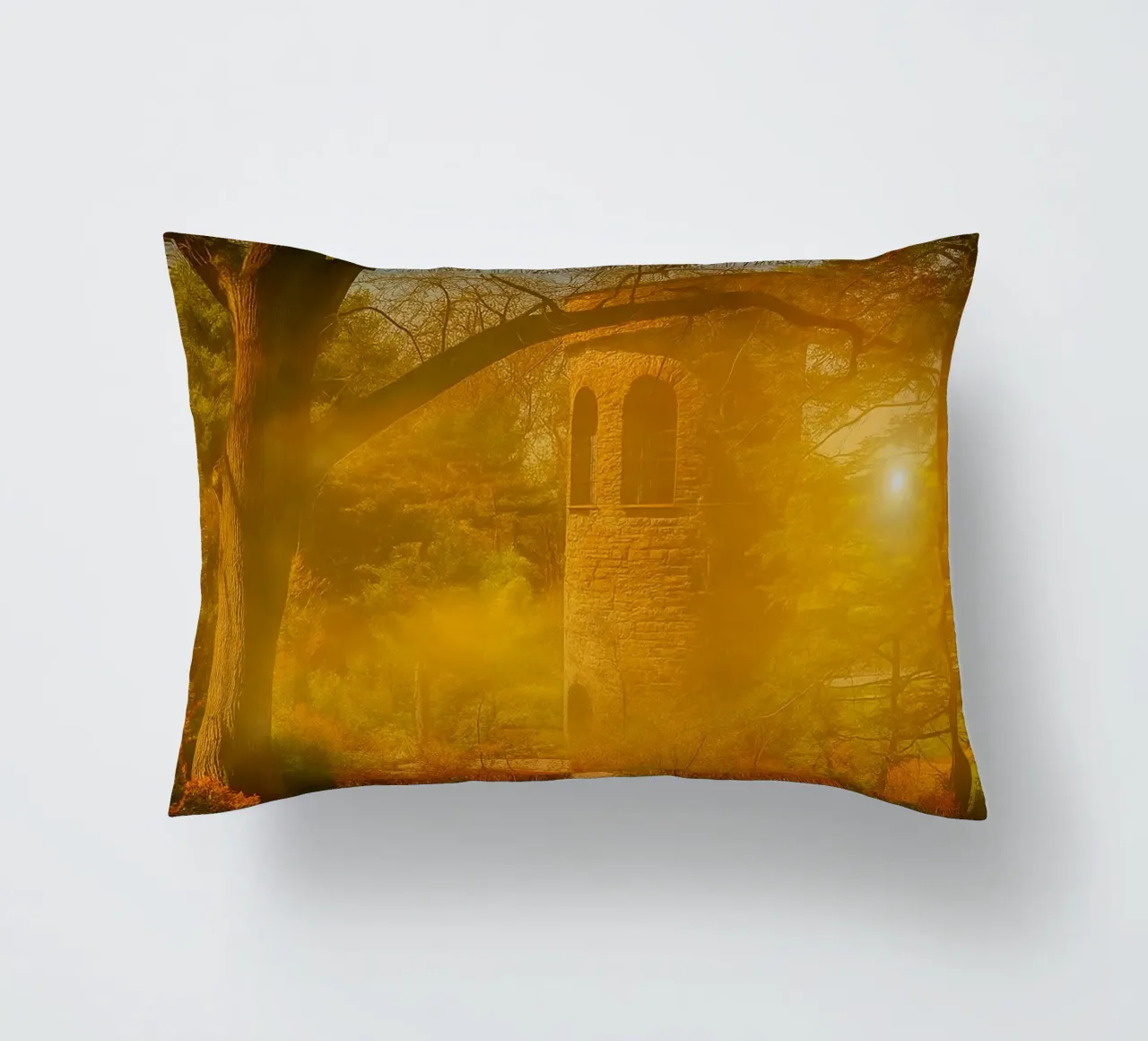 old building in the middle of the forest decorative cushion by PASMING