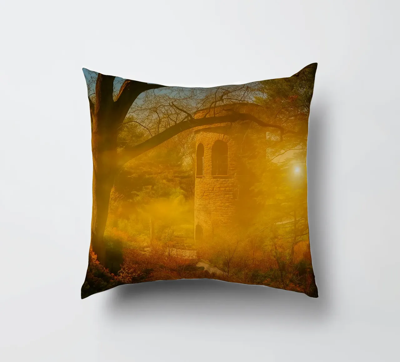 old building in the middle of the forest decorative cushion by PASMING