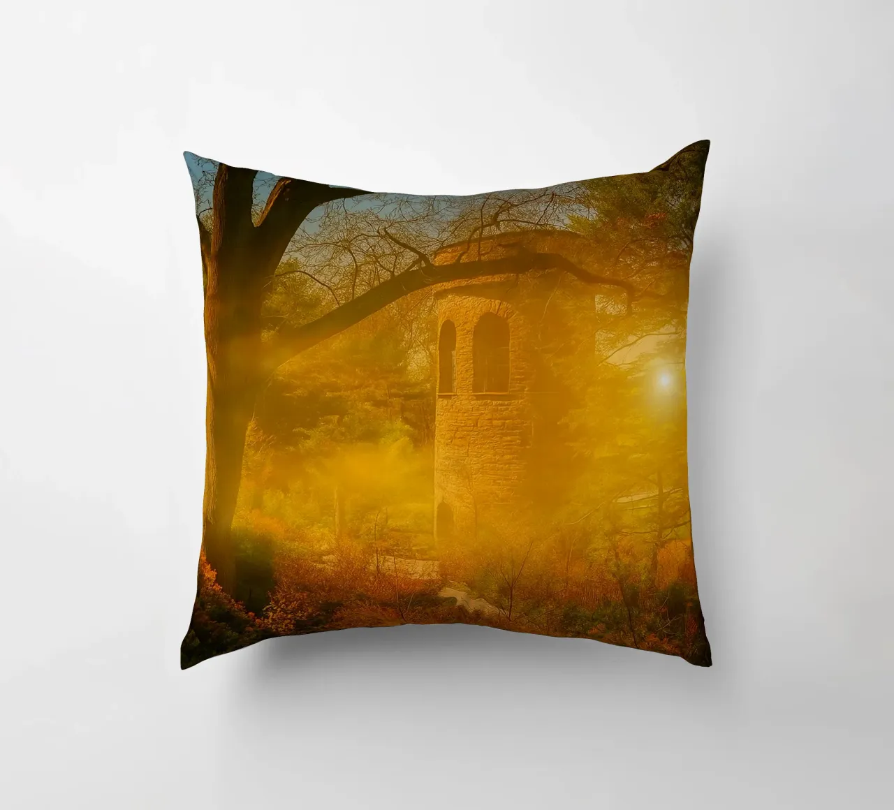 old building in the middle of the forest decorative cushion by PASMING