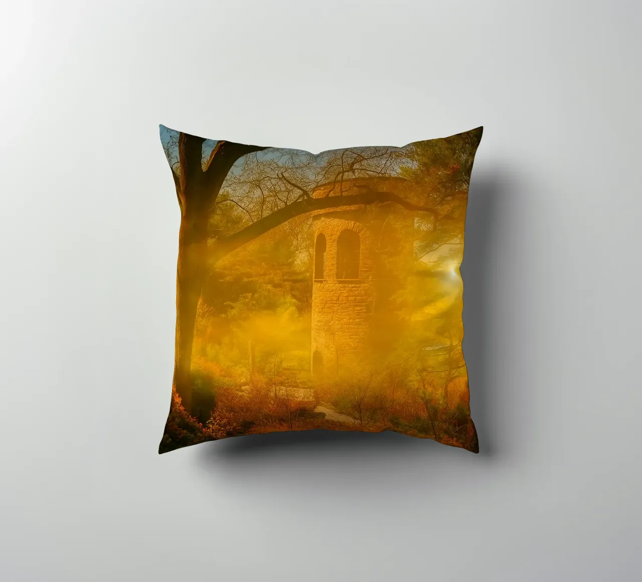 old building in the middle of the forest decorative cushion by PASMING