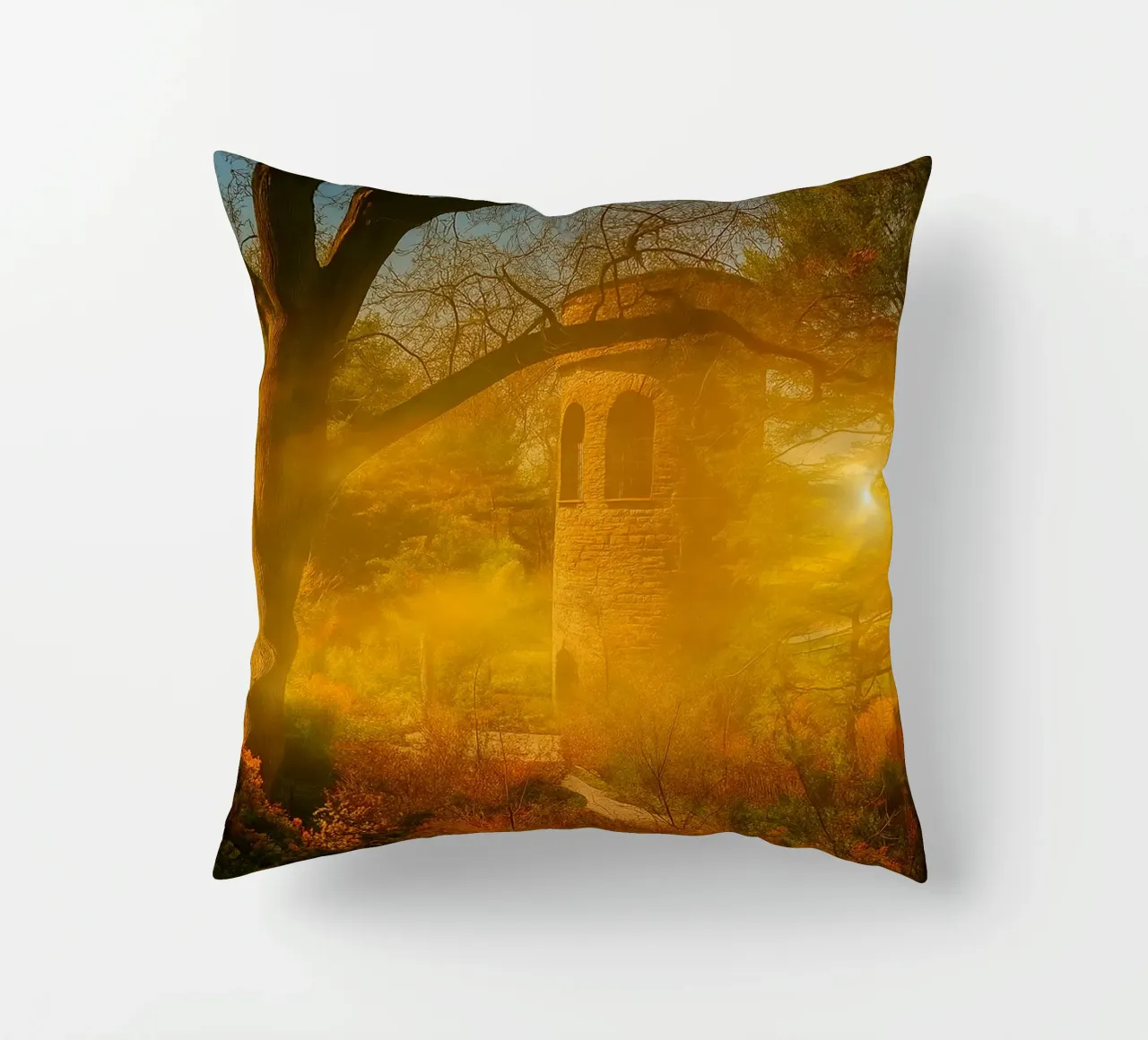 old building in the middle of the forest decorative cushion by PASMING