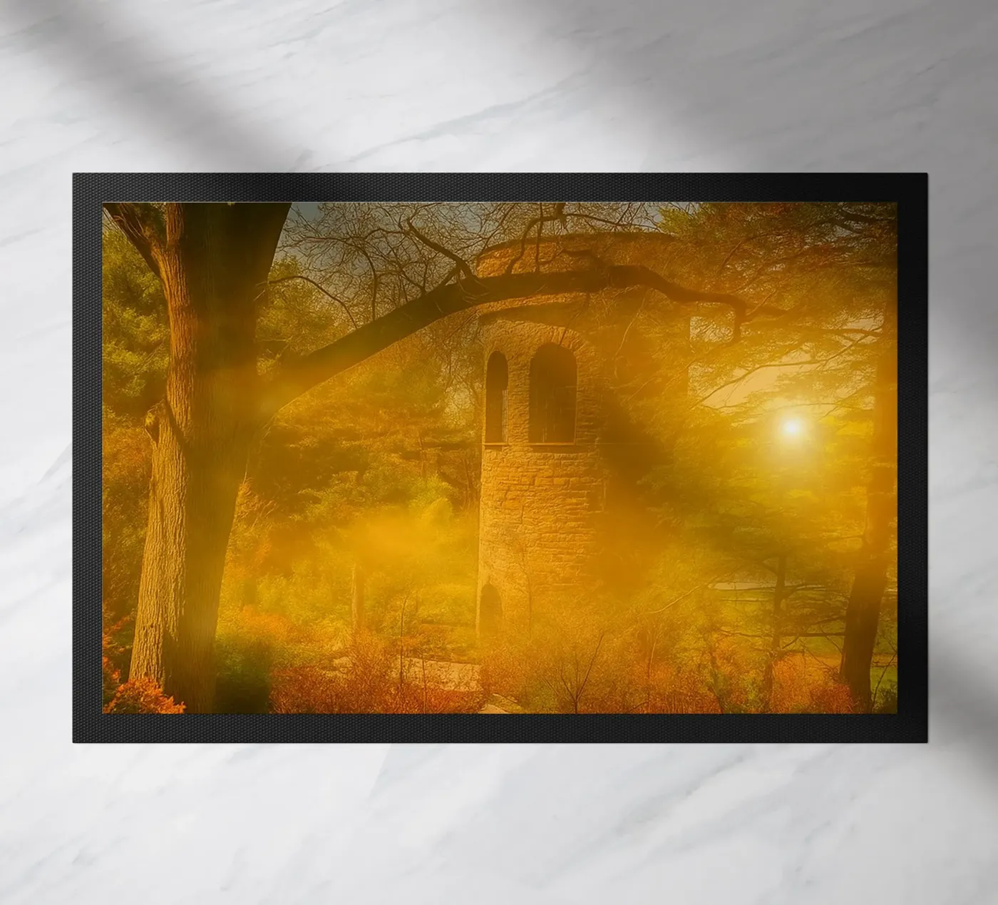 old building in the middle of the forest doormat by PASMING