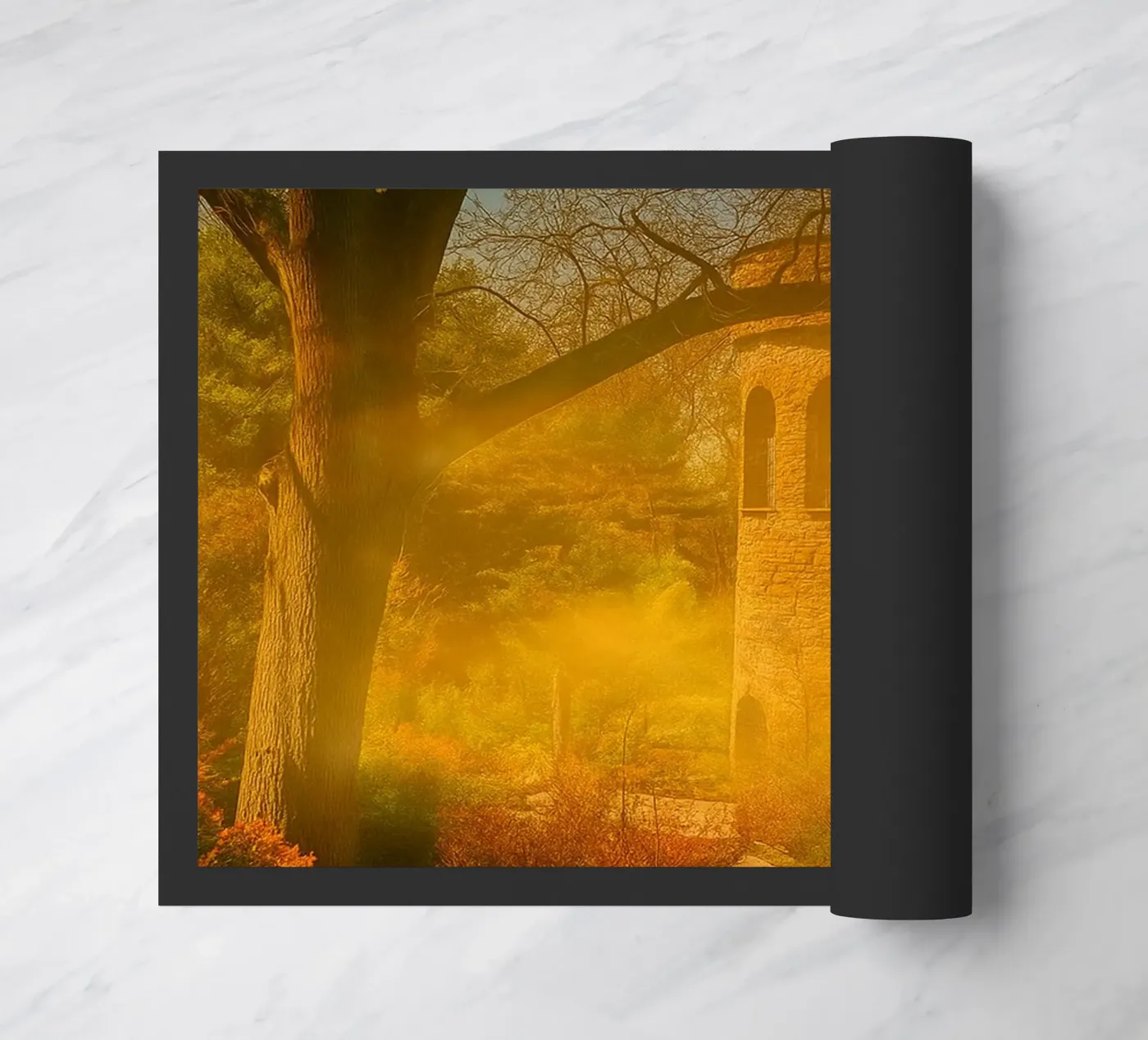 old building in the middle of the forest doormat by PASMING