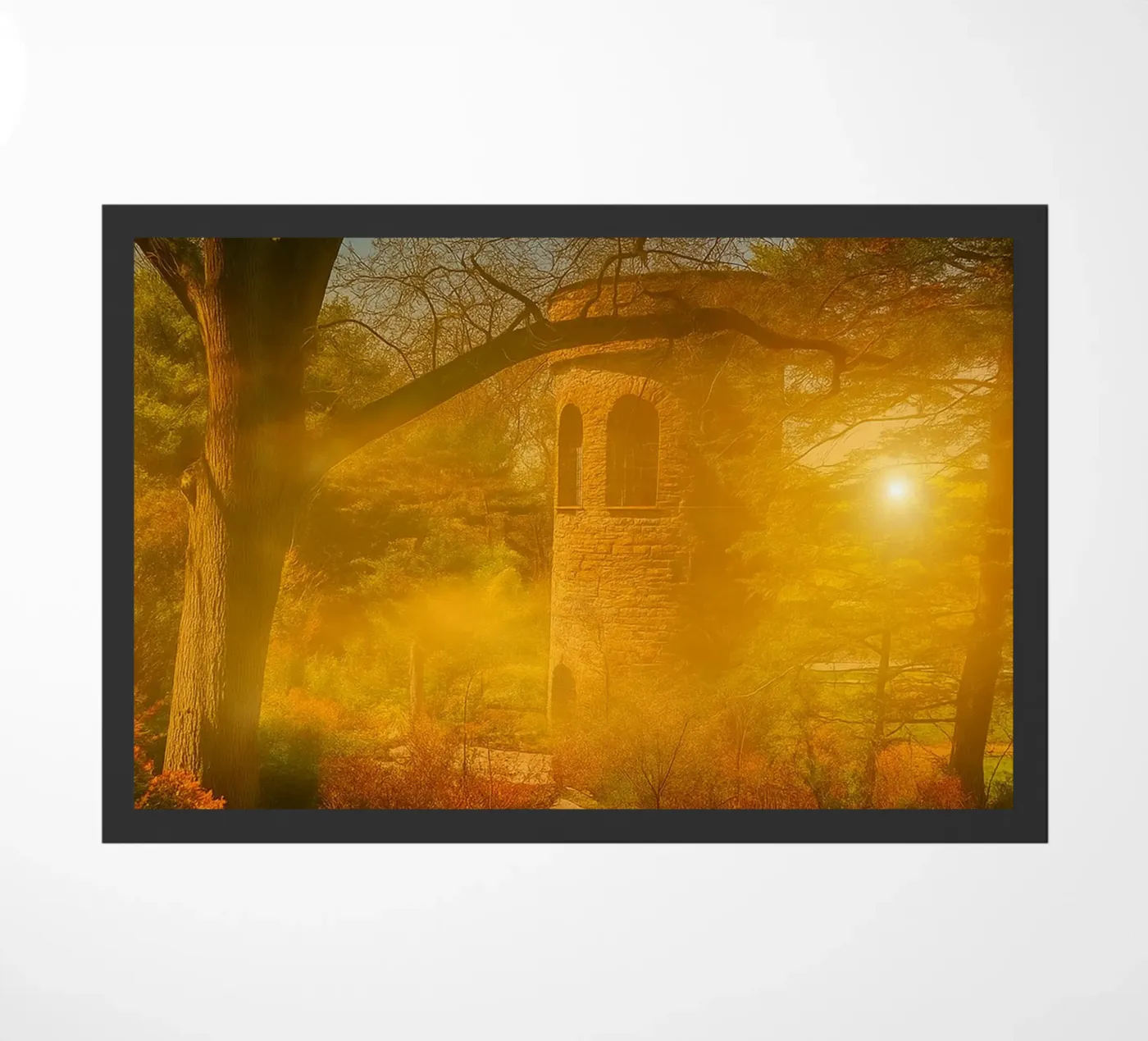 old building in the middle of the forest doormat by PASMING