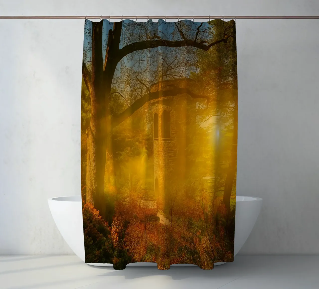 old building in the middle of the forest shower curtain by PASMING