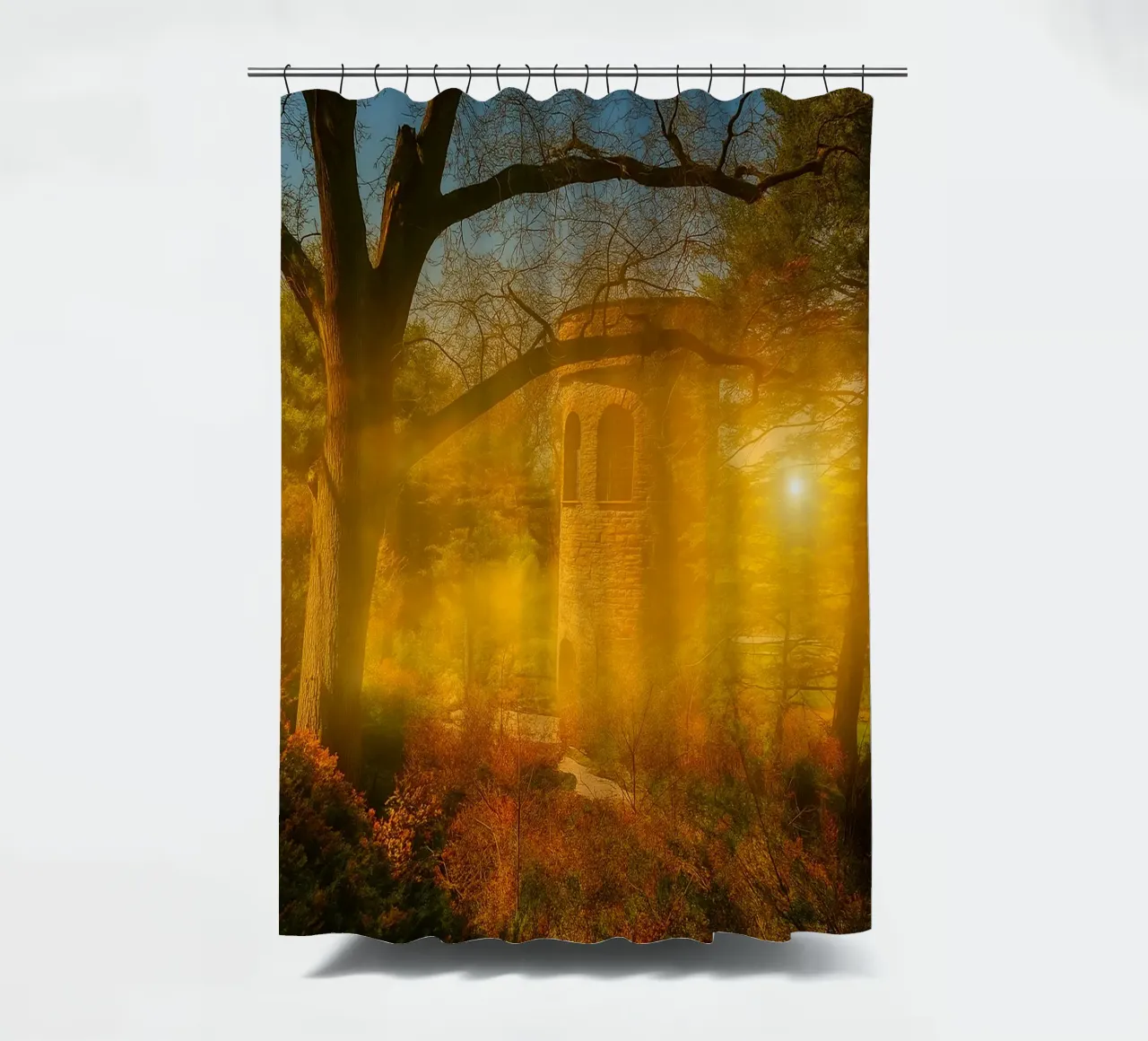 old building in the middle of the forest shower curtain by PASMING