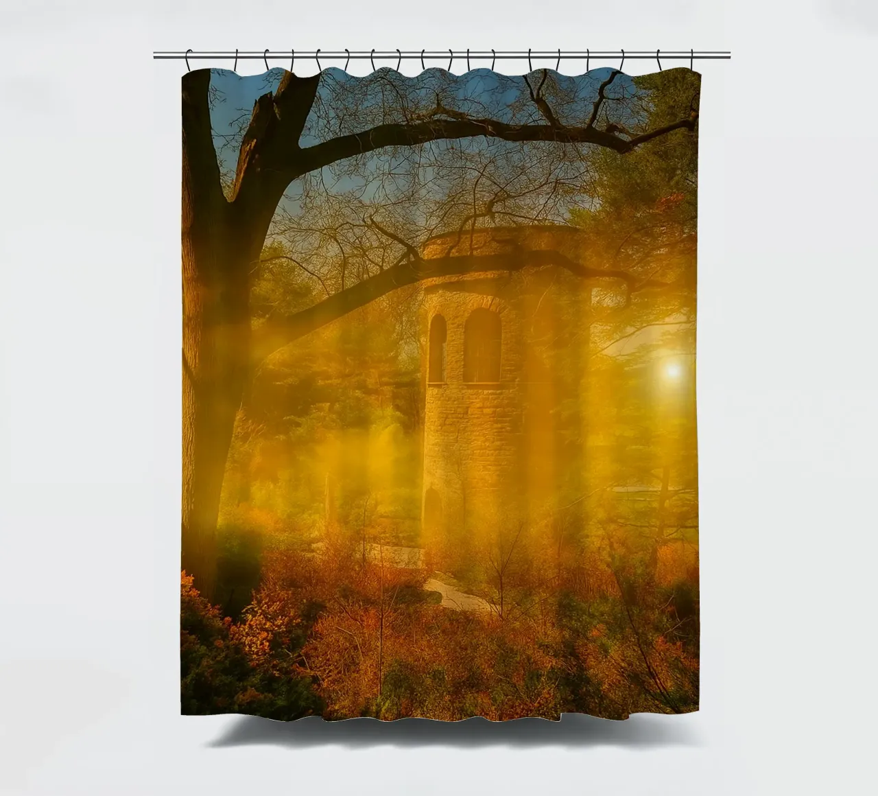 old building in the middle of the forest shower curtain by PASMING