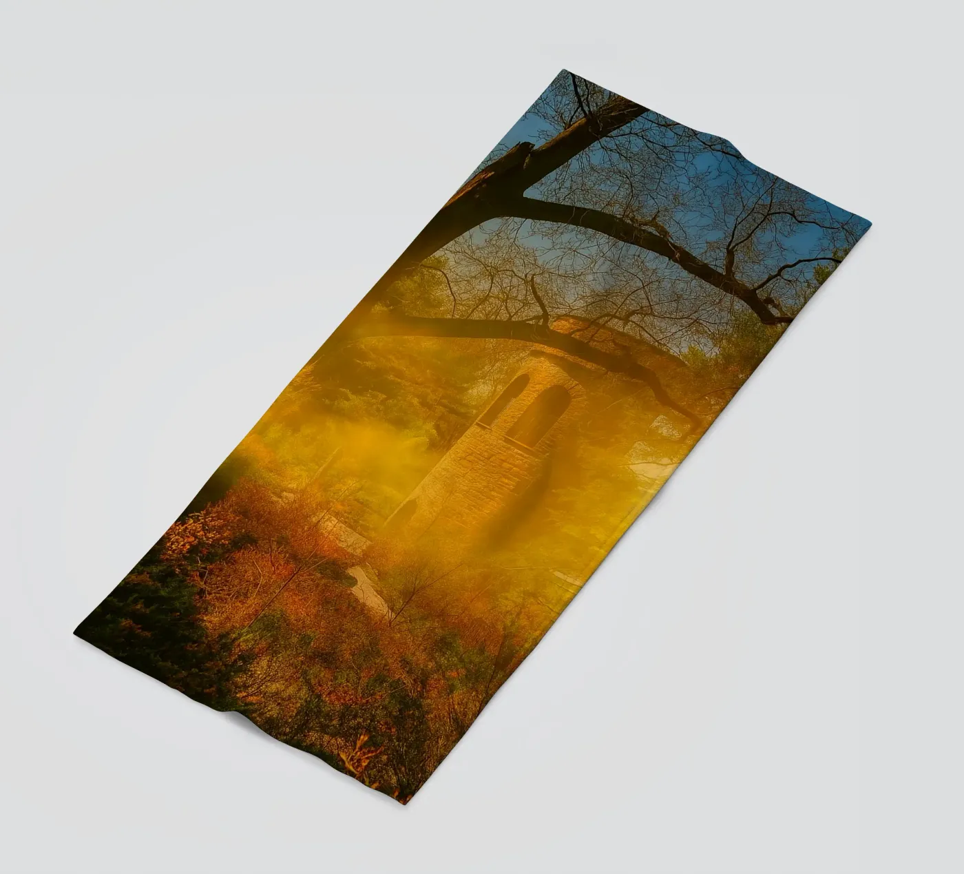 old building in the middle of the forest beach towel by PASMING