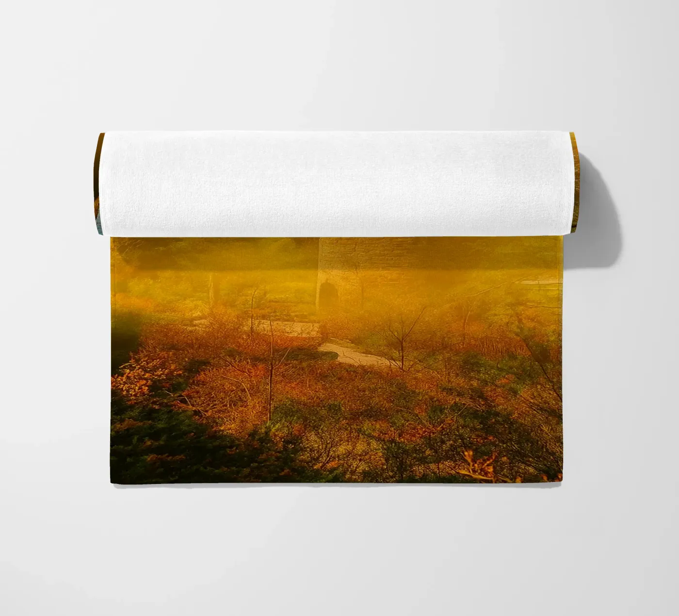 old building in the middle of the forest beach towel by PASMING
