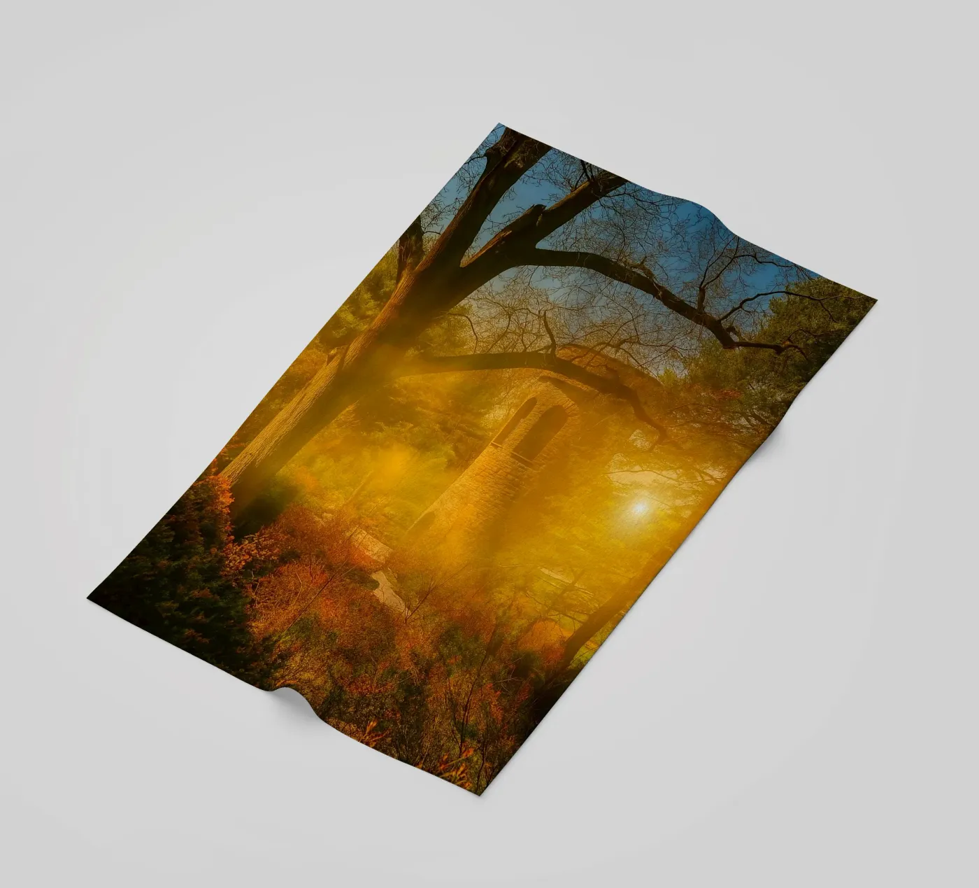 old building in the middle of the forest beach towel by PASMING