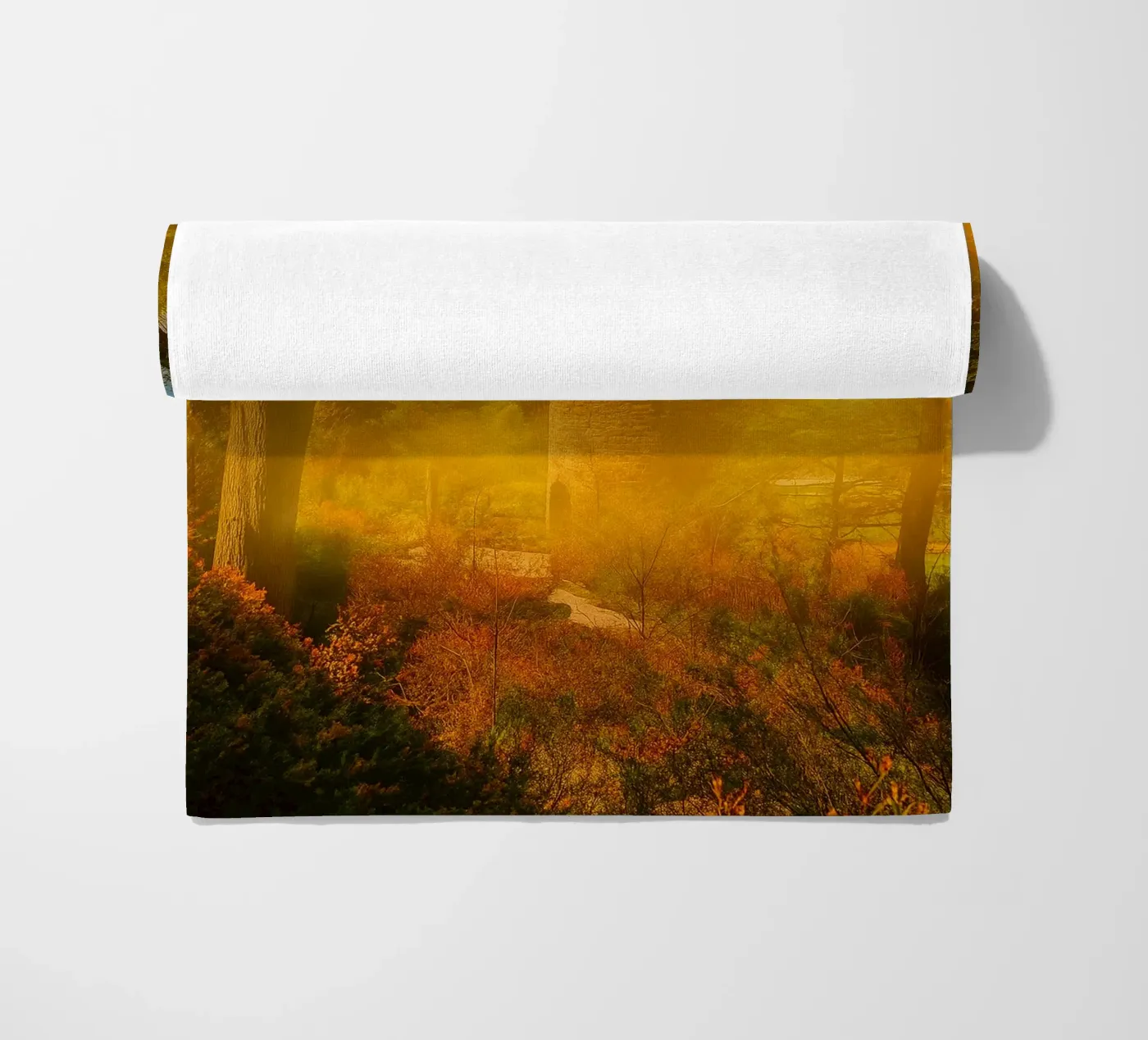 old building in the middle of the forest beach towel by PASMING