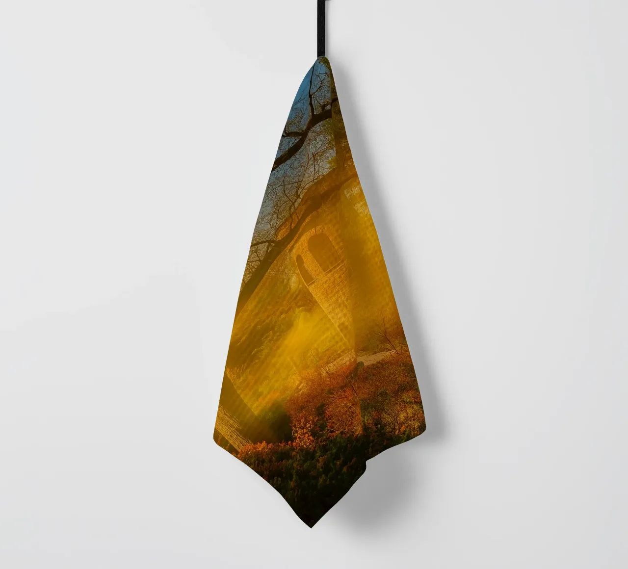 old building in the middle of the forest tea towel by PASMING