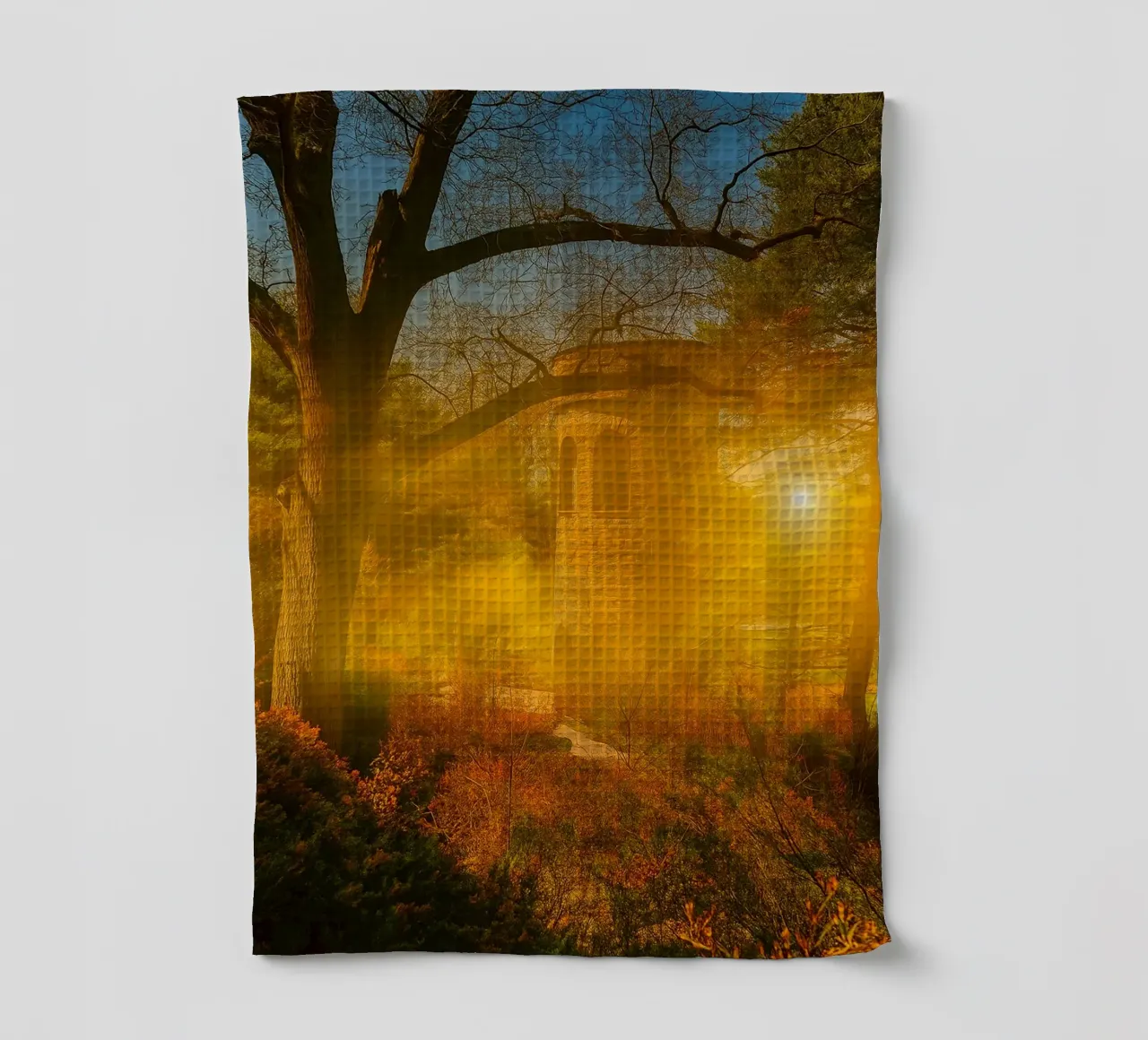old building in the middle of the forest tea towel by PASMING