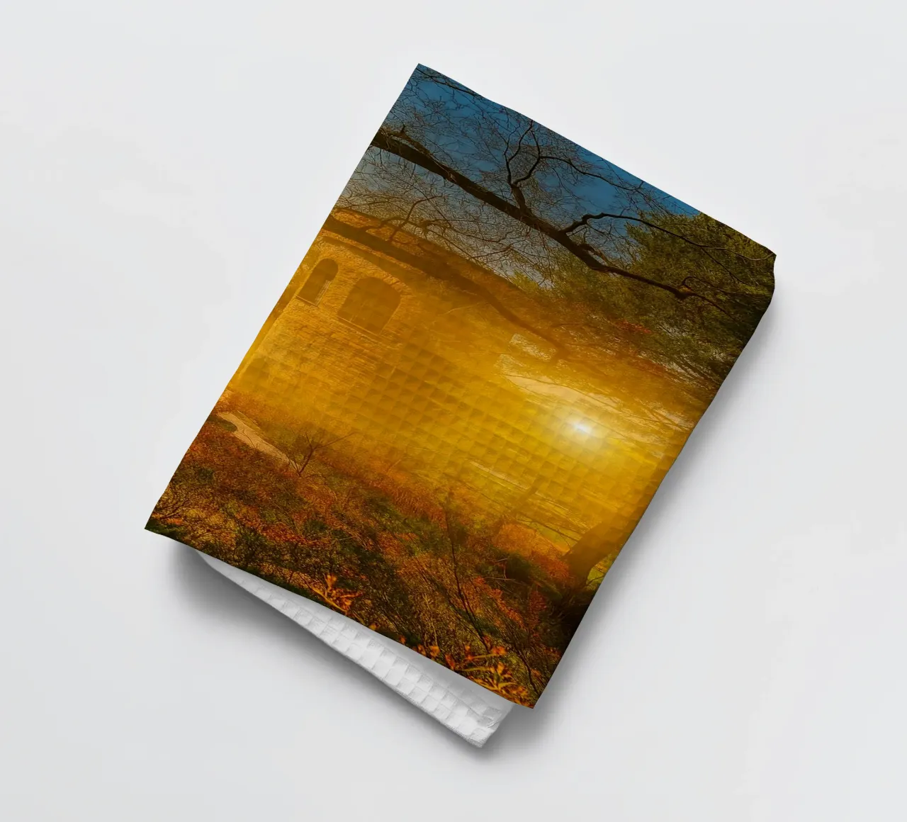 old building in the middle of the forest tea towel by PASMING