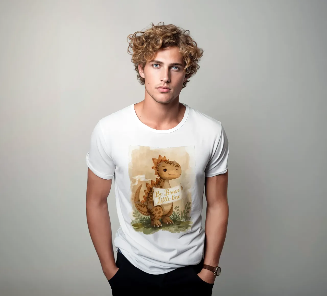 Un simpatico dinosauro con in mano lo striscione "Be Brave Little One". t-shirt da DesignDoodle