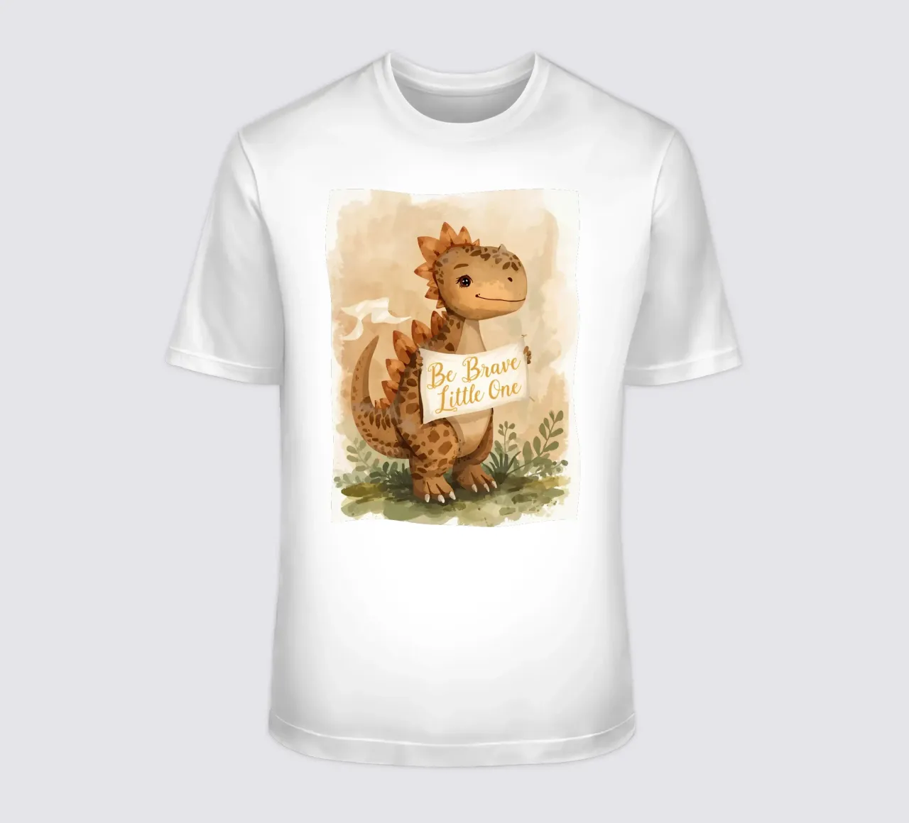 Un simpatico dinosauro con in mano lo striscione "Be Brave Little One". t-shirt da DesignDoodle