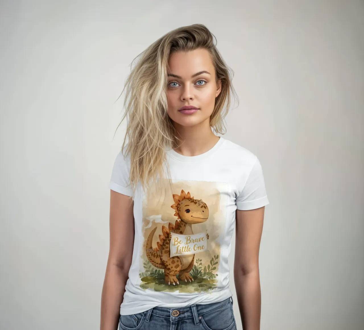 Un simpatico dinosauro con in mano lo striscione "Be Brave Little One". t-shirt da donna da DesignDoodle