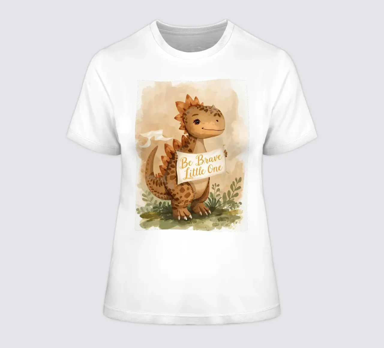 Un simpatico dinosauro con in mano lo striscione "Be Brave Little One". t-shirt da donna da DesignDoodle