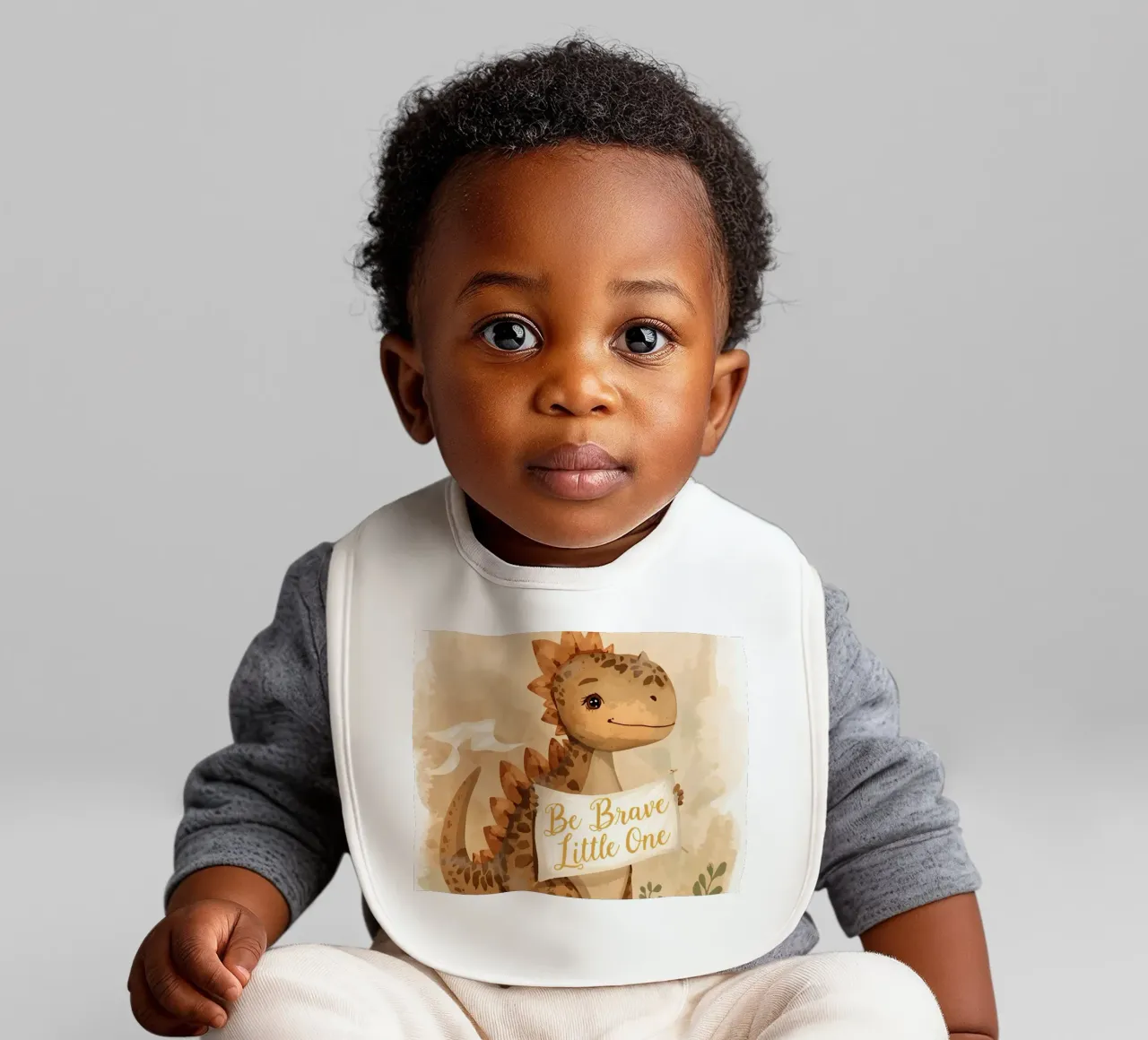 Un simpatico dinosauro con in mano lo striscione "Be Brave Little One". bavaglino da DesignDoodle