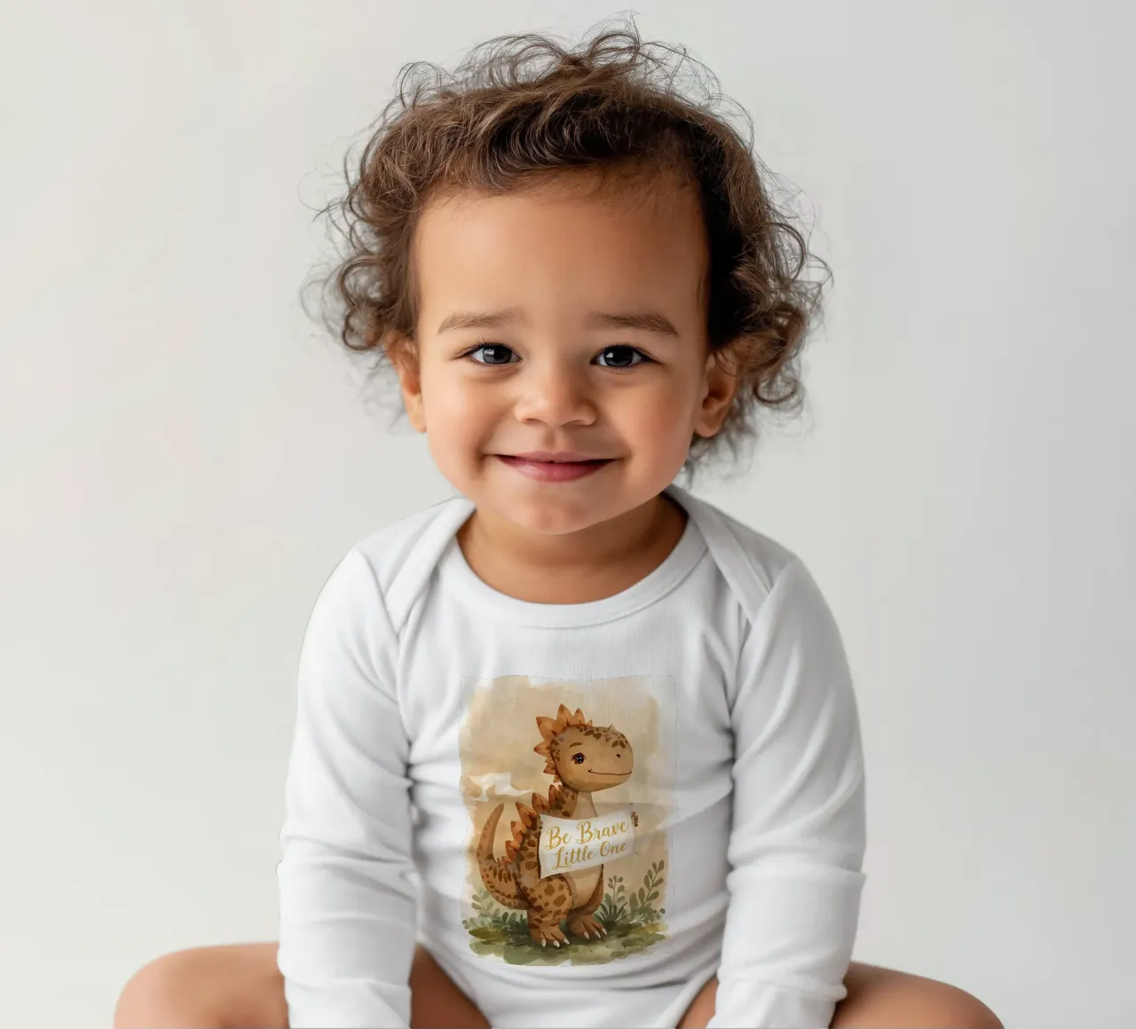 Un simpatico dinosauro con in mano lo striscione "Be Brave Little One". body neonato maniche lunghe da DesignDoodle