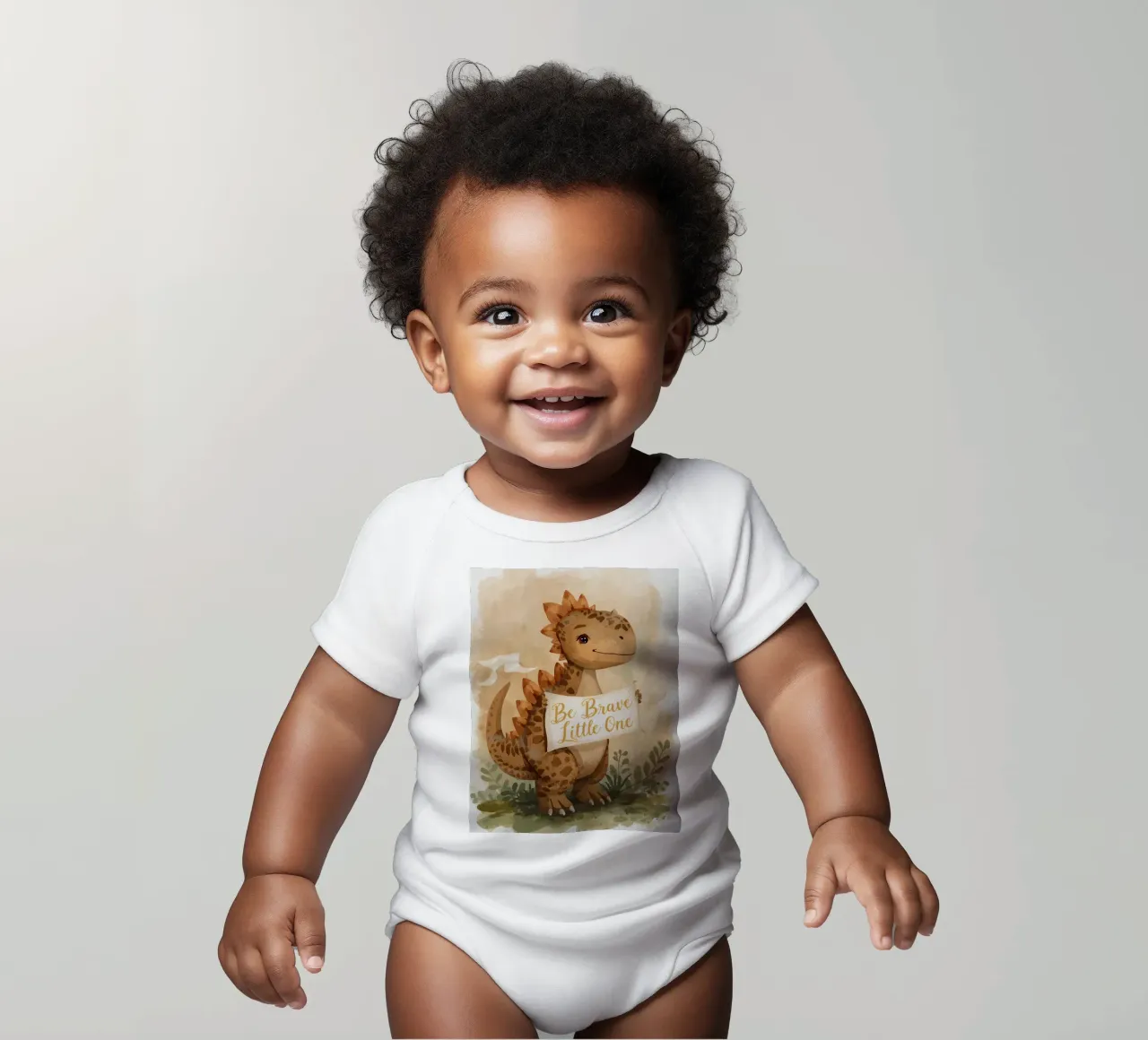 Un simpatico dinosauro con in mano lo striscione "Be Brave Little One". body neonato maniche corte da DesignDoodle