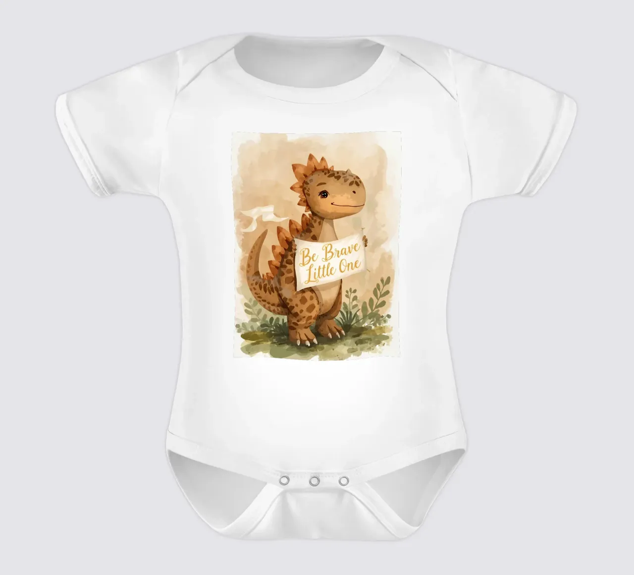 Un simpatico dinosauro con in mano lo striscione "Be Brave Little One". body neonato maniche corte da DesignDoodle
