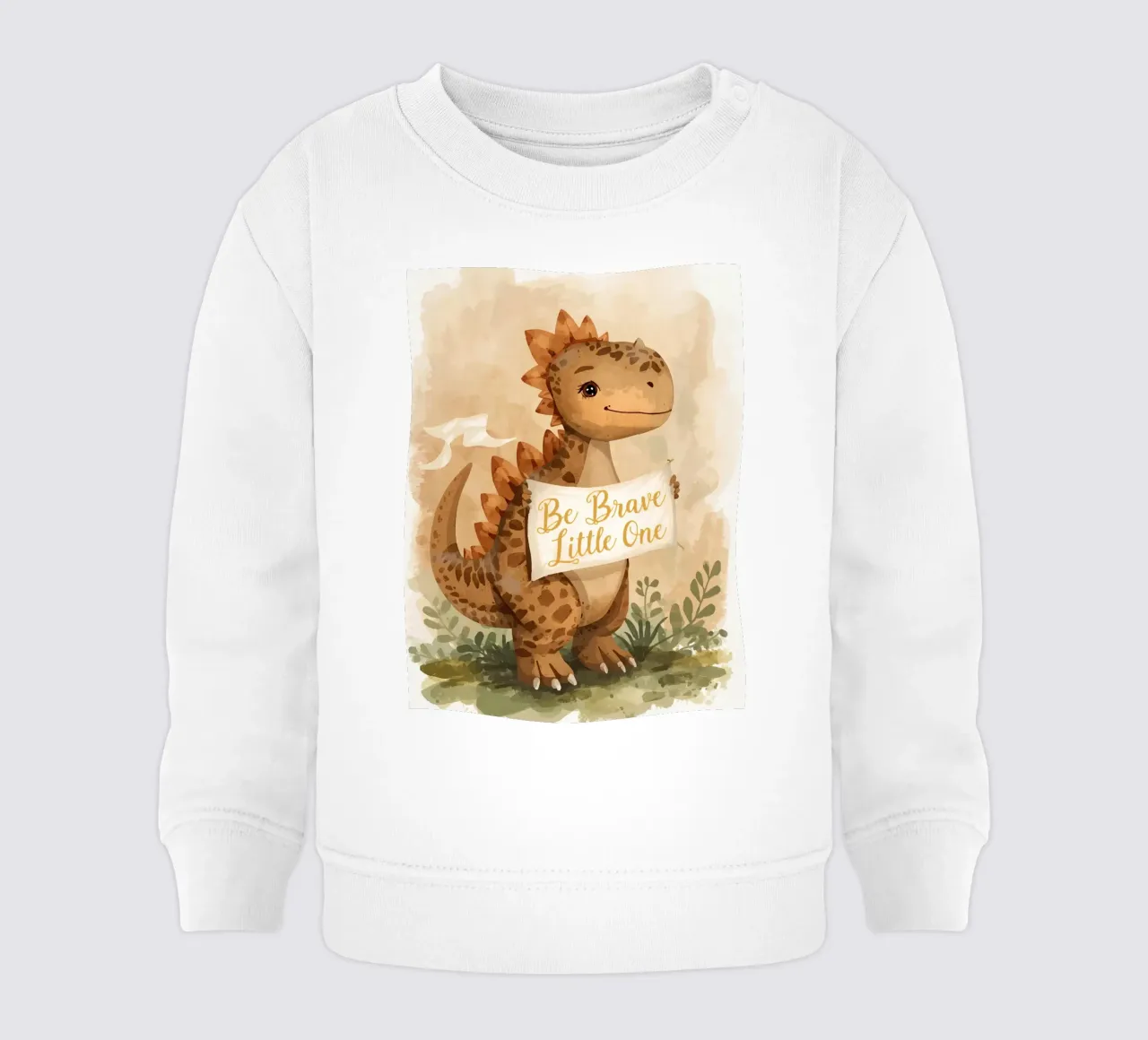 Lindo dinosaurio sosteniendo una pancarta " Be Brave Little One ". sudadera de bebé de DesignDoodle
