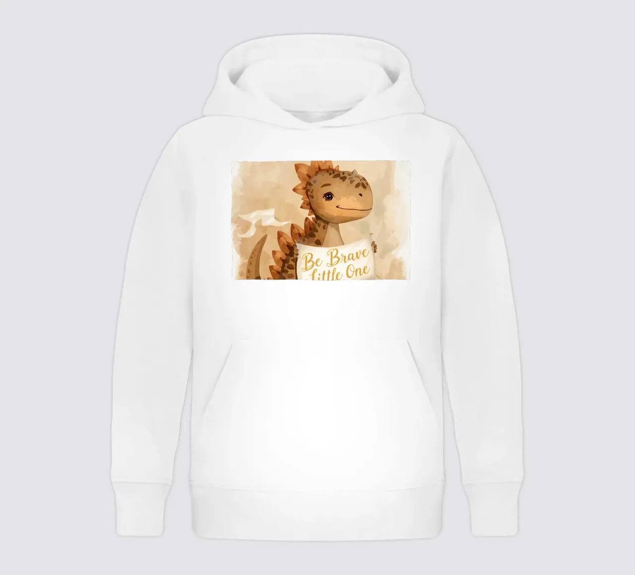 Un simpatico dinosauro con in mano lo striscione "Be Brave Little One". felpa bambino con cappuccio da DesignDoodle
