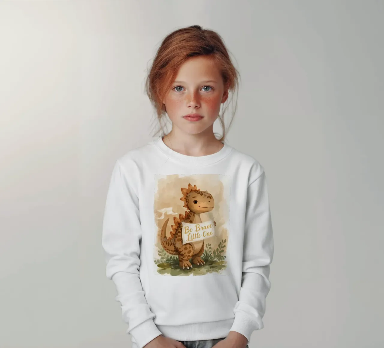 Un simpatico dinosauro con in mano lo striscione "Be Brave Little One". felpa bambino da DesignDoodle