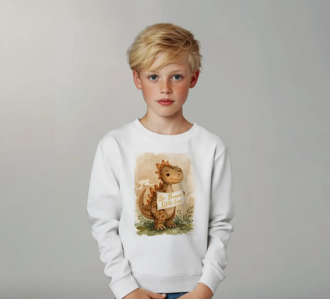 Un simpatico dinosauro con in mano lo striscione "Be Brave Little One". felpa bambino da DesignDoodle