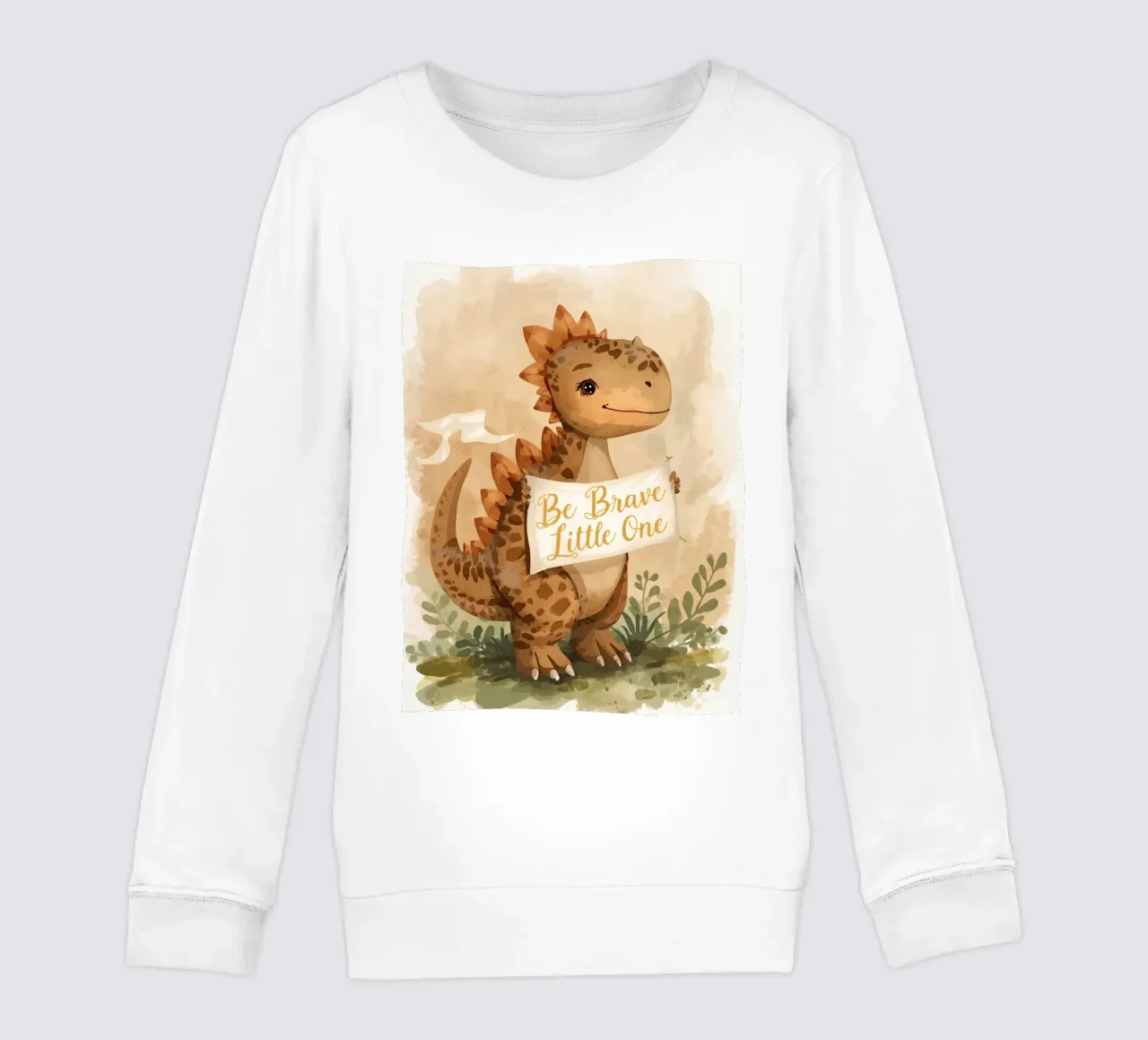 Un simpatico dinosauro con in mano lo striscione "Be Brave Little One". felpa bambino da DesignDoodle