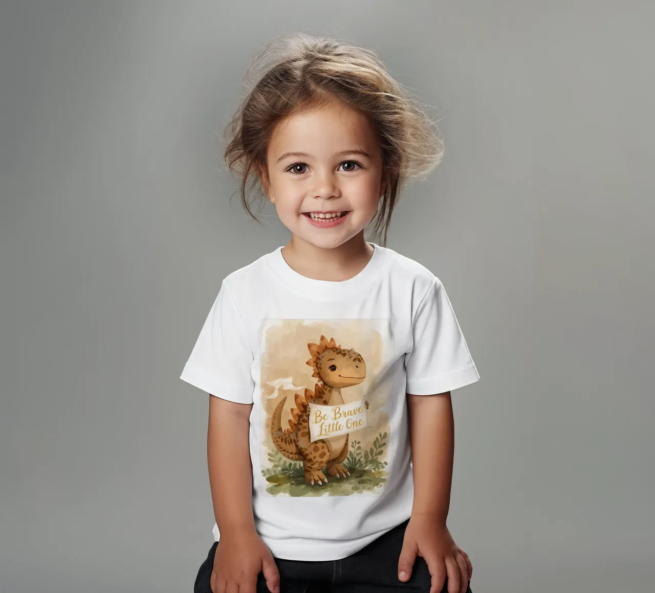 Un simpatico dinosauro con in mano lo striscione "Be Brave Little One". t-shirt bambini da DesignDoodle