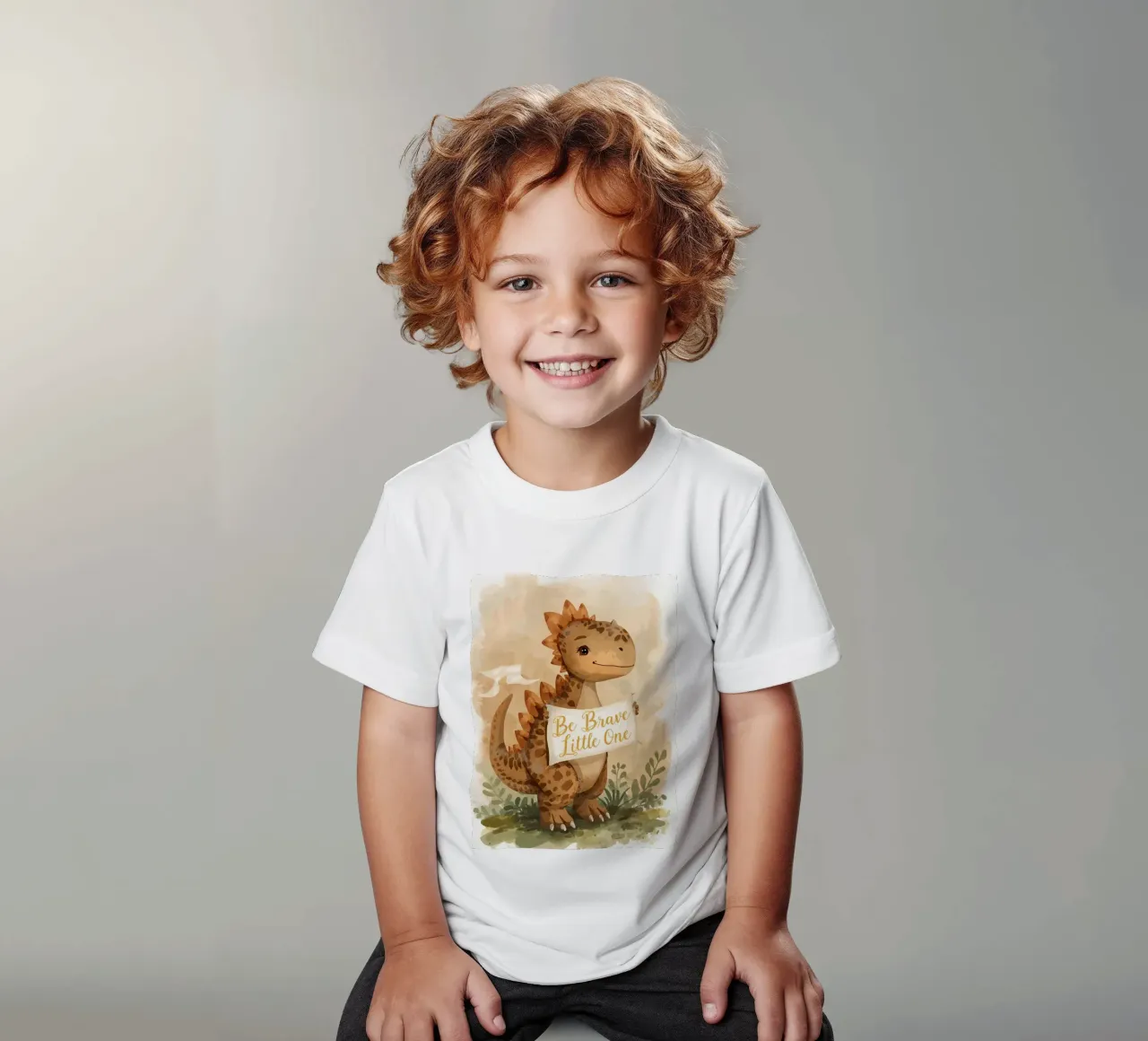 Un simpatico dinosauro con in mano lo striscione "Be Brave Little One". t-shirt bambini da DesignDoodle