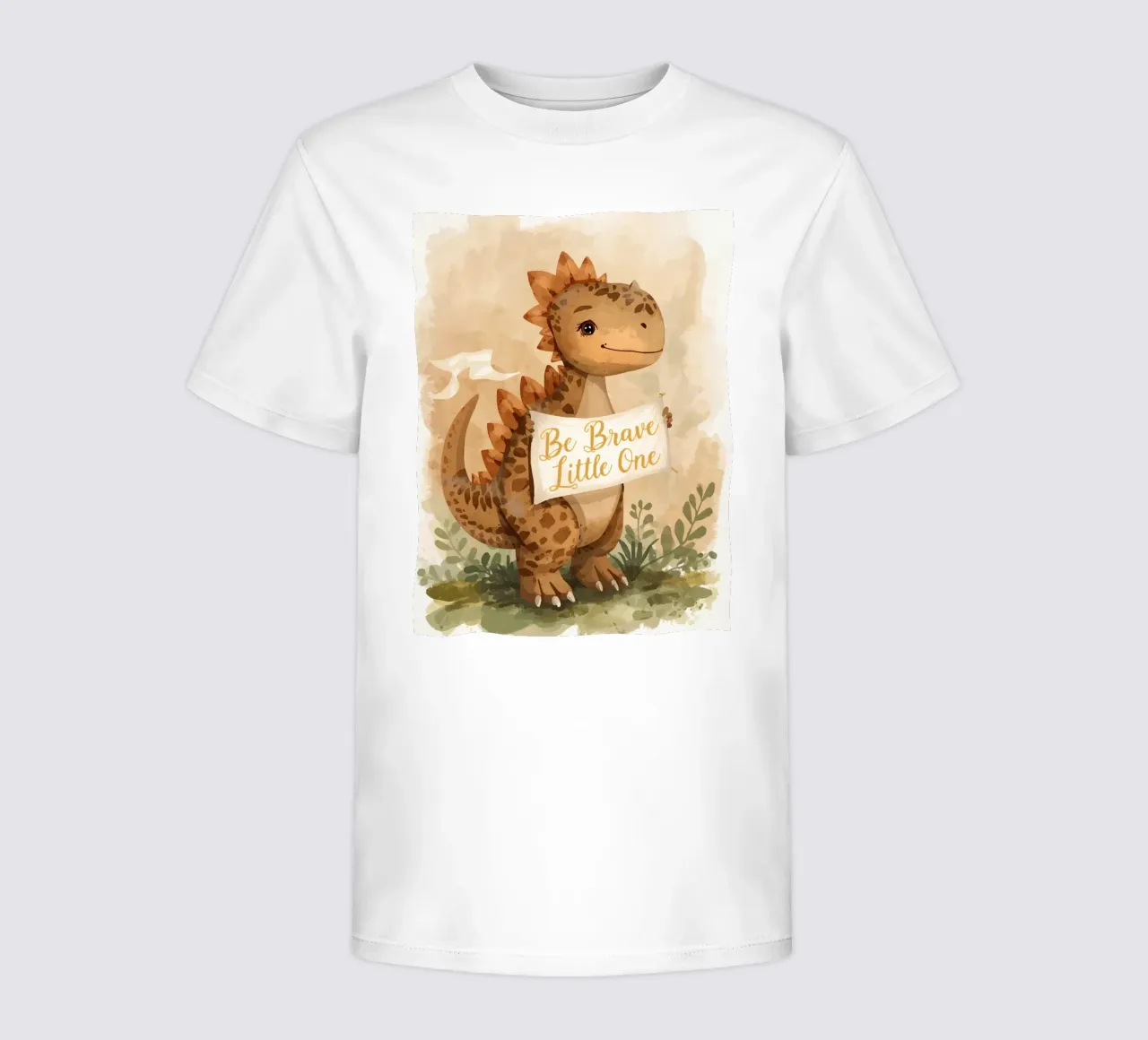 Un simpatico dinosauro con in mano lo striscione "Be Brave Little One". t-shirt bambini da DesignDoodle