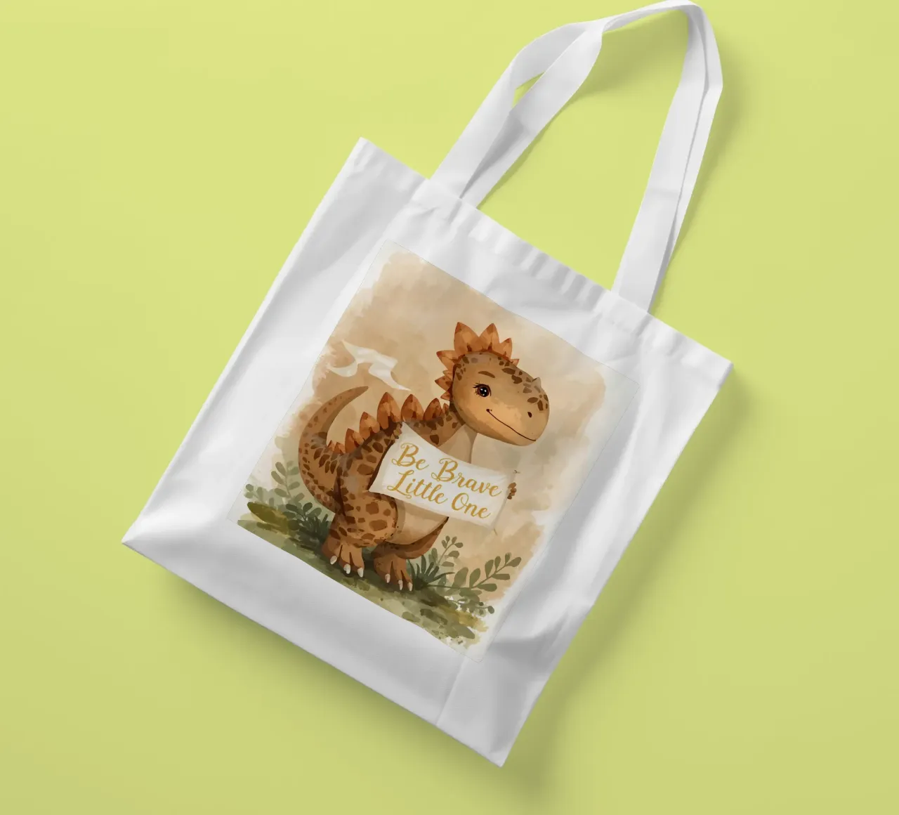 Un simpatico dinosauro con in mano lo striscione "Be Brave Little One". borsa in juta da DesignDoodle