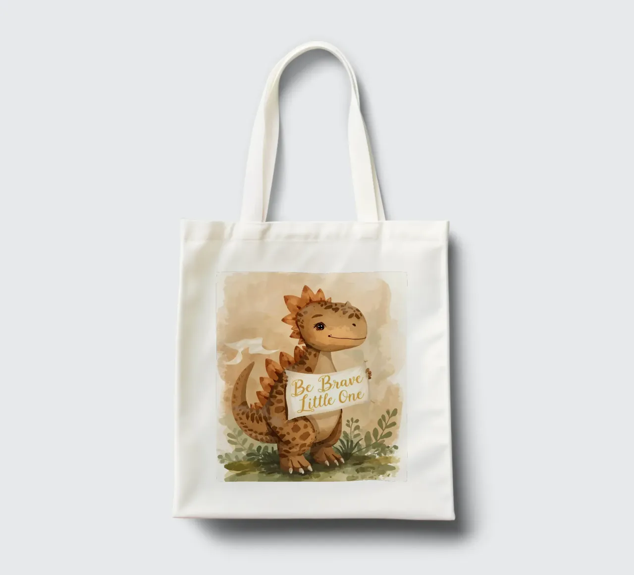 Un simpatico dinosauro con in mano lo striscione "Be Brave Little One". borsa in juta da DesignDoodle