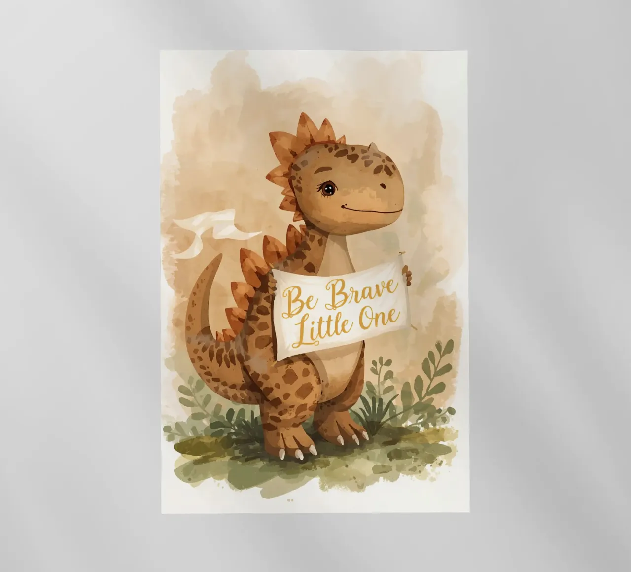 Un simpatico dinosauro con in mano lo striscione "Be Brave Little One". pellicola backlit da DesignDoodle