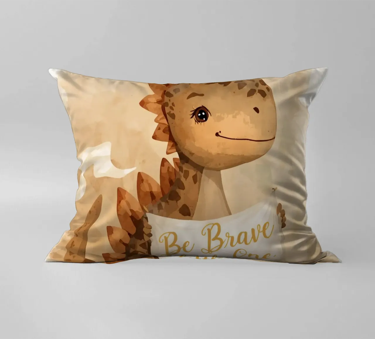Un simpatico dinosauro con in mano lo striscione "Be Brave Little One". cuscino da DesignDoodle