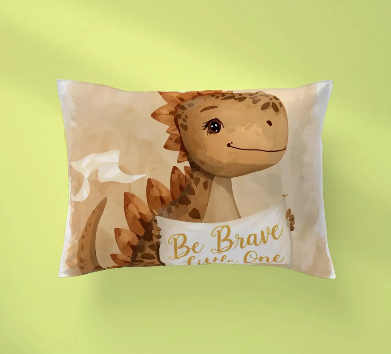 Un simpatico dinosauro con in mano lo striscione "Be Brave Little One". cuscino da DesignDoodle