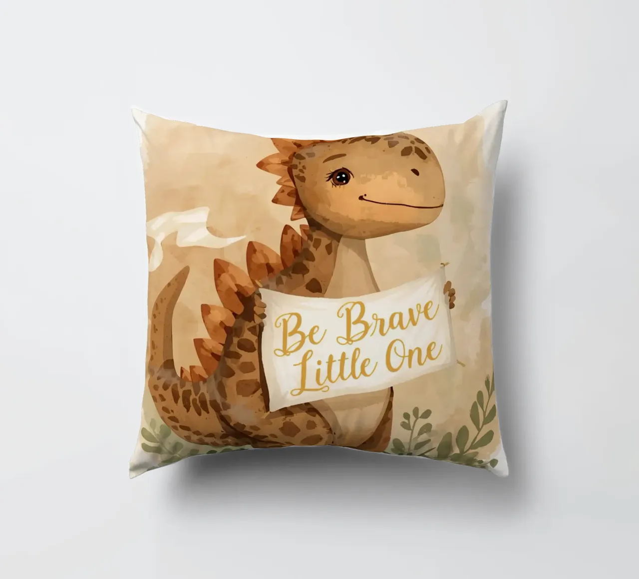 Un simpatico dinosauro con in mano lo striscione "Be Brave Little One". cuscino da DesignDoodle