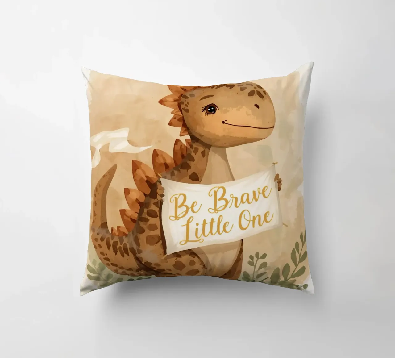 Un simpatico dinosauro con in mano lo striscione "Be Brave Little One". cuscino da DesignDoodle