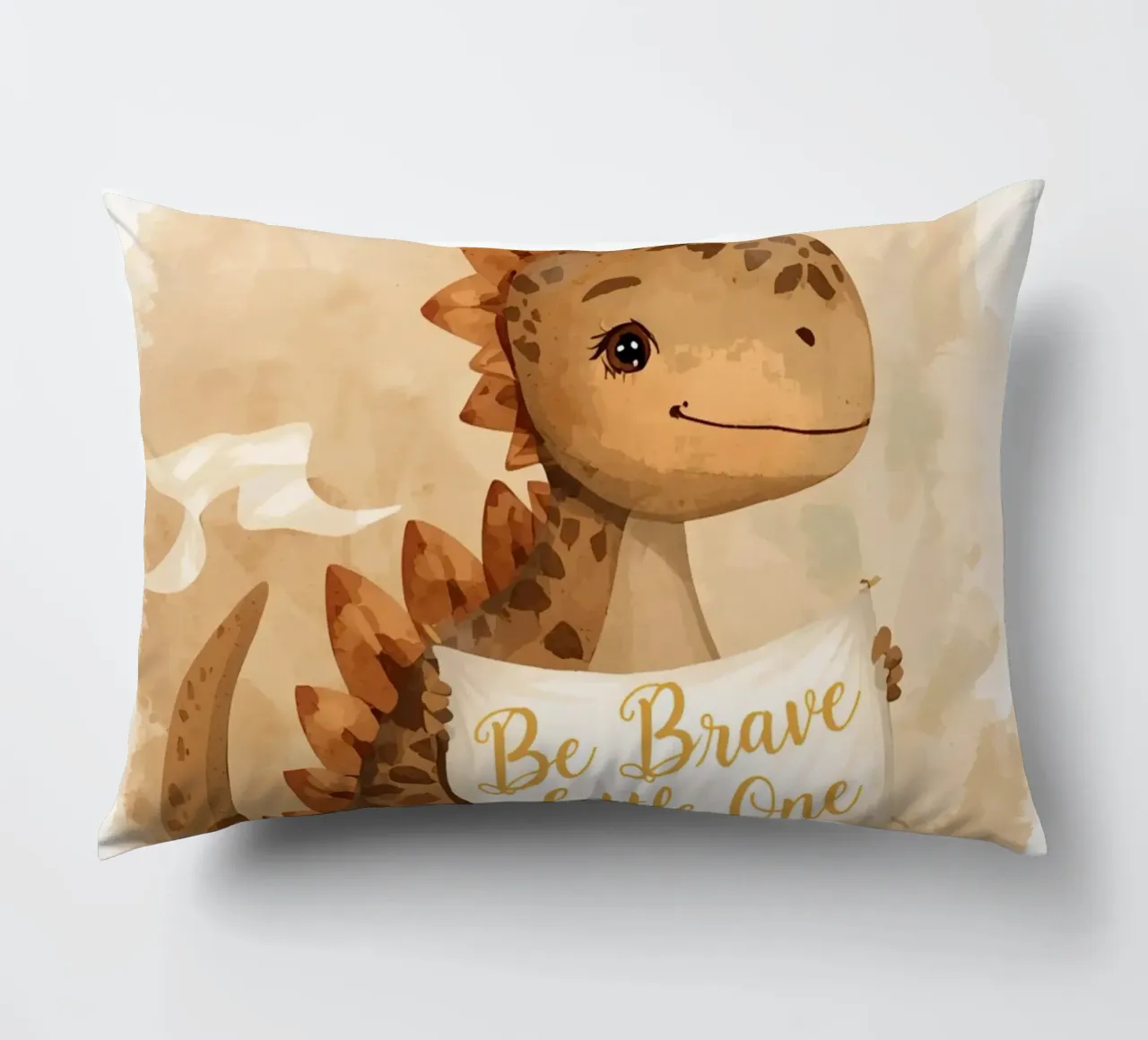 Un simpatico dinosauro con in mano lo striscione "Be Brave Little One". cuscino da DesignDoodle