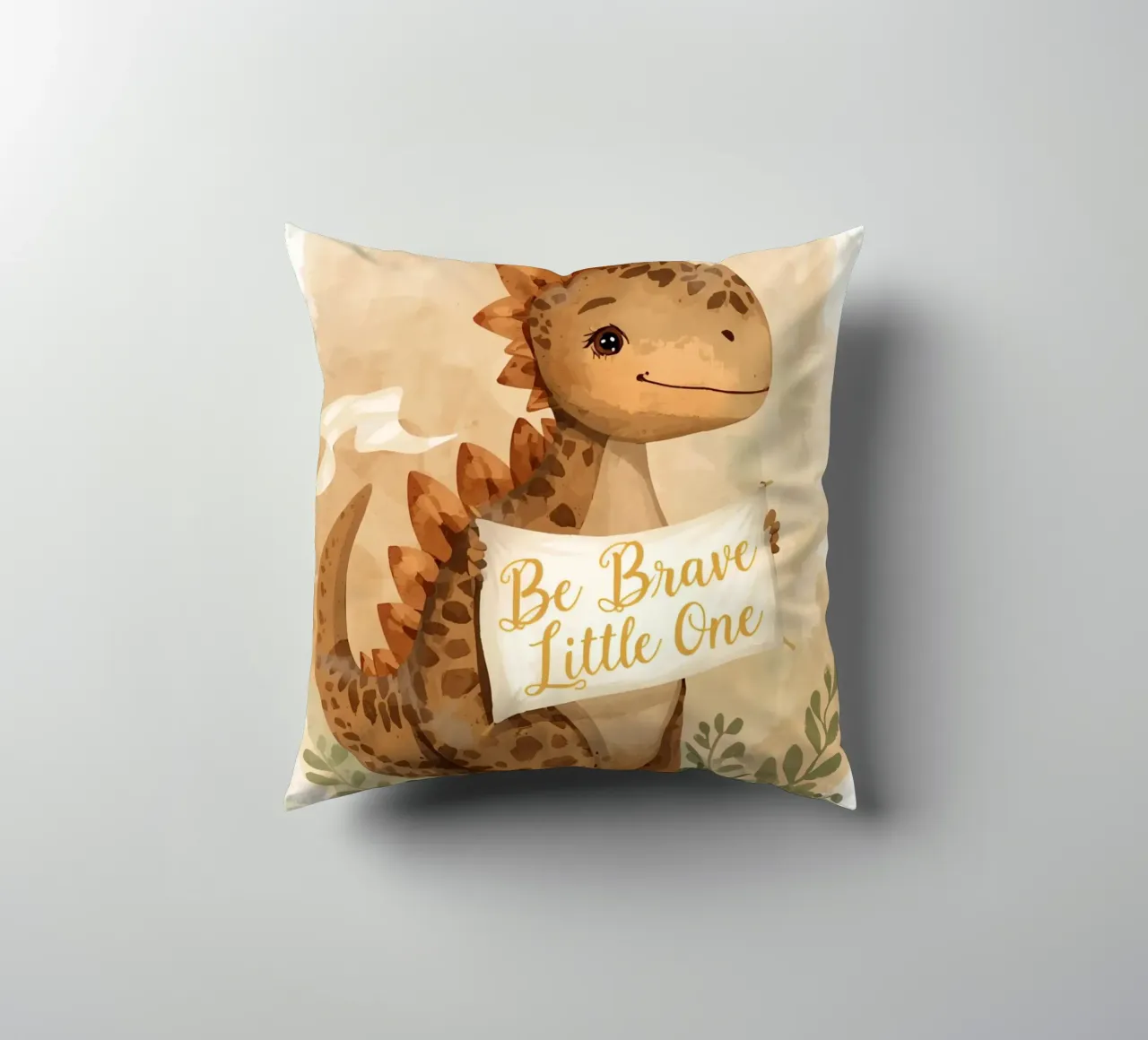 Un simpatico dinosauro con in mano lo striscione "Be Brave Little One". cuscino da DesignDoodle