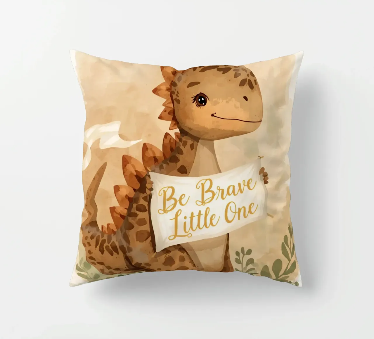 Un simpatico dinosauro con in mano lo striscione "Be Brave Little One". cuscino da DesignDoodle