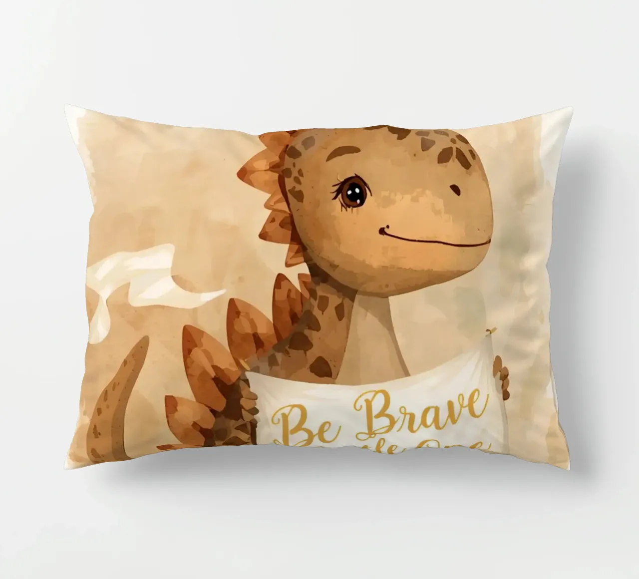 Un simpatico dinosauro con in mano lo striscione "Be Brave Little One". cuscino da DesignDoodle