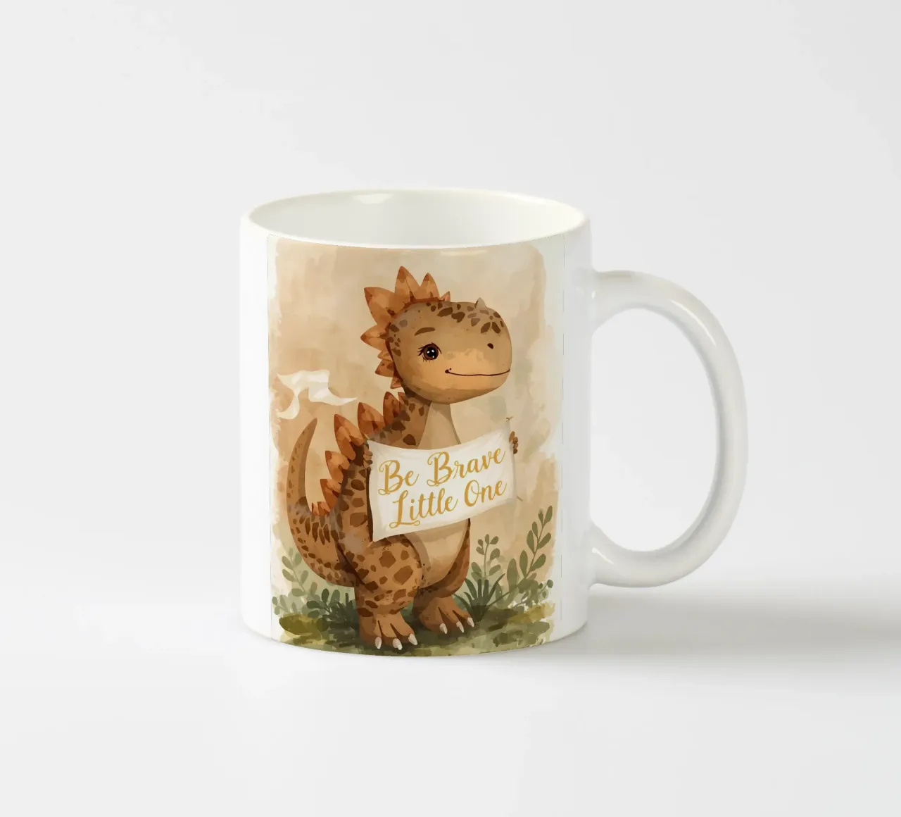 Schattige dinosaurus die een spandoek vasthoudt " Wees dapper Kleintje " keramische mok van DesignDoodle