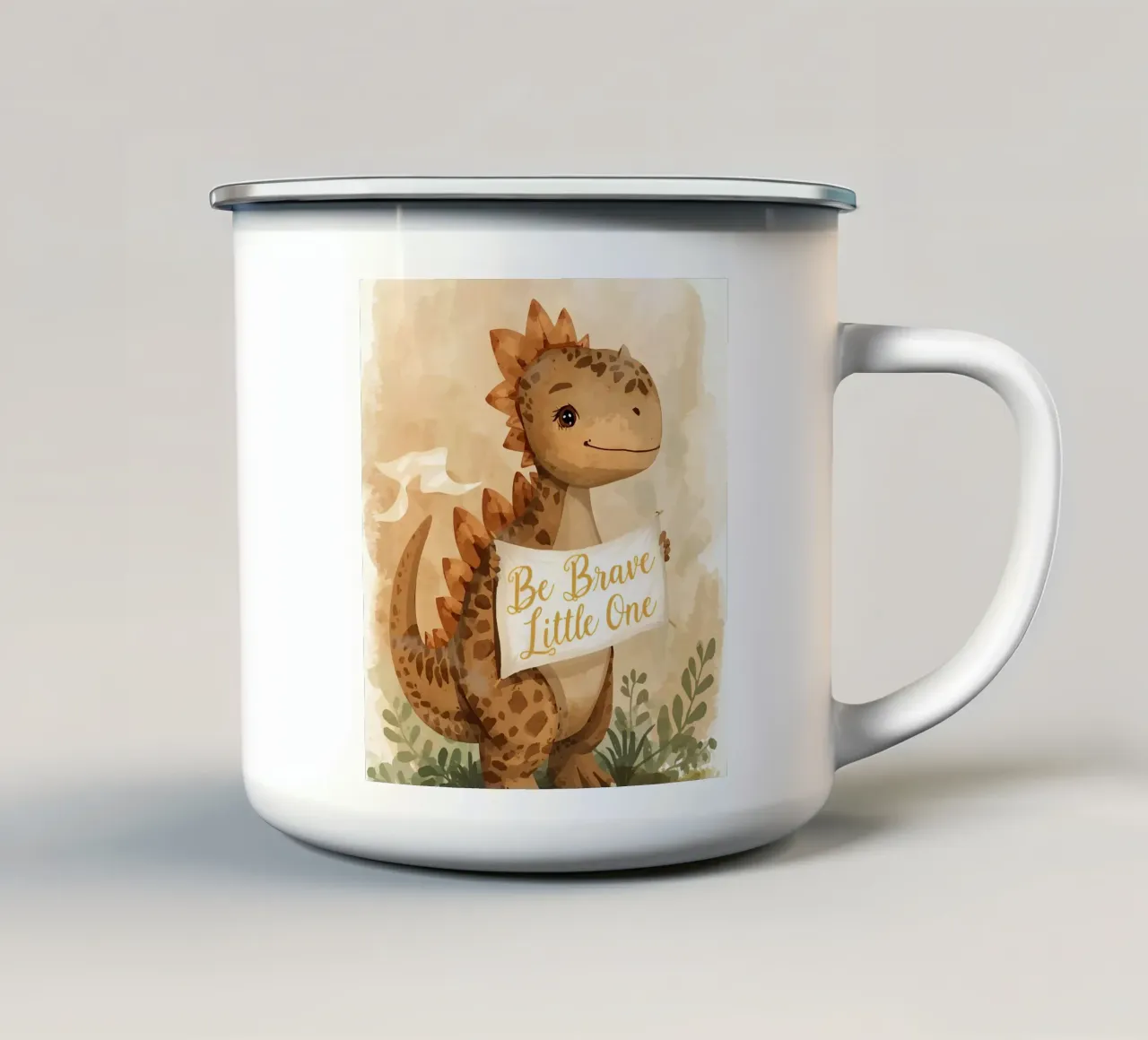 Un simpatico dinosauro con in mano lo striscione "Be Brave Little One". tazza in smalto da DesignDoodle