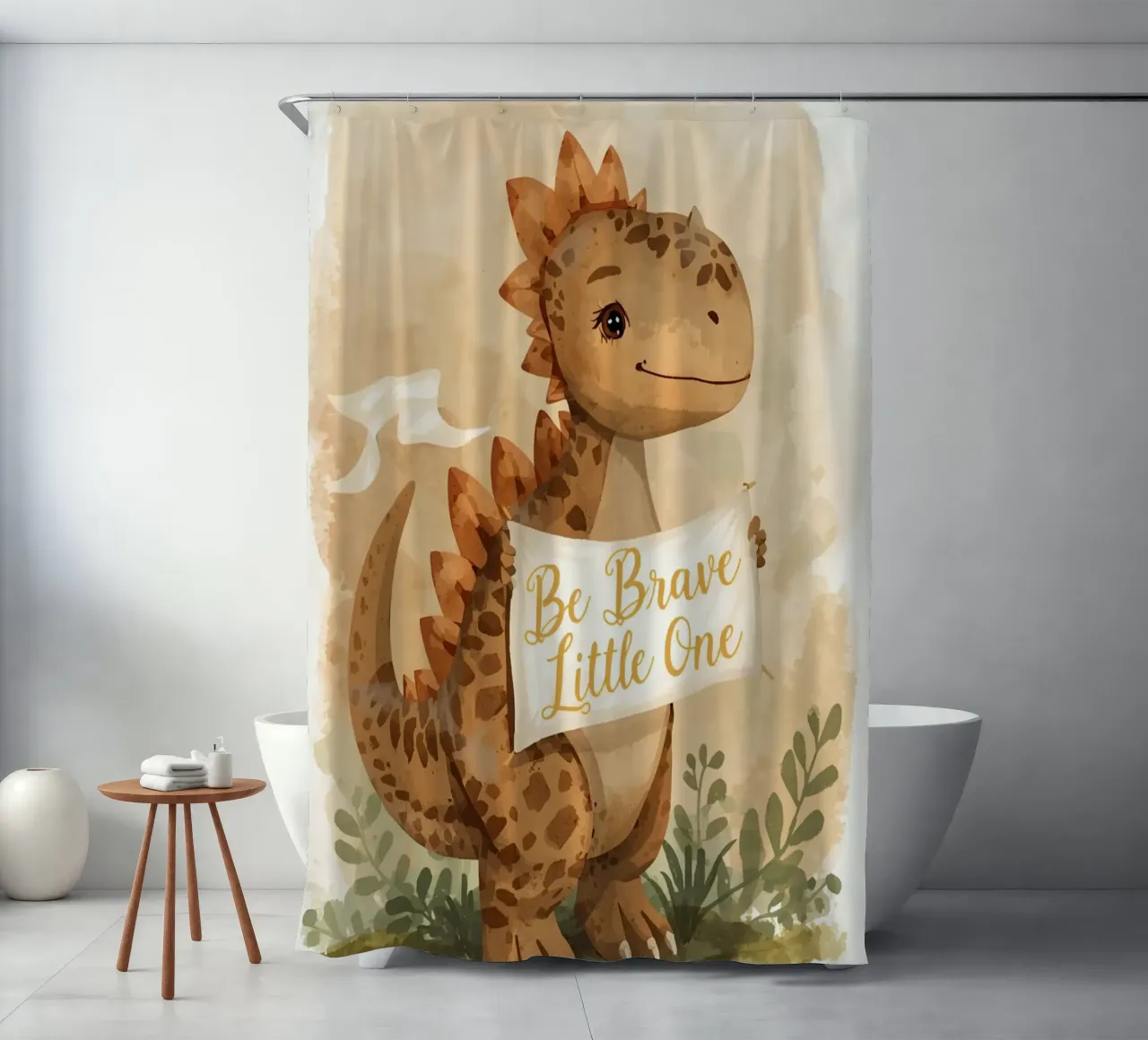 Un simpatico dinosauro con in mano lo striscione "Be Brave Little One". tenda da doccia da DesignDoodle