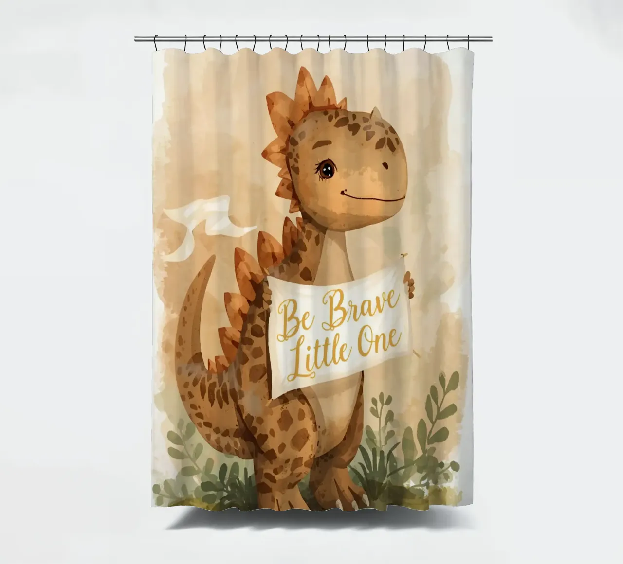 Un simpatico dinosauro con in mano lo striscione "Be Brave Little One". tenda da doccia da DesignDoodle