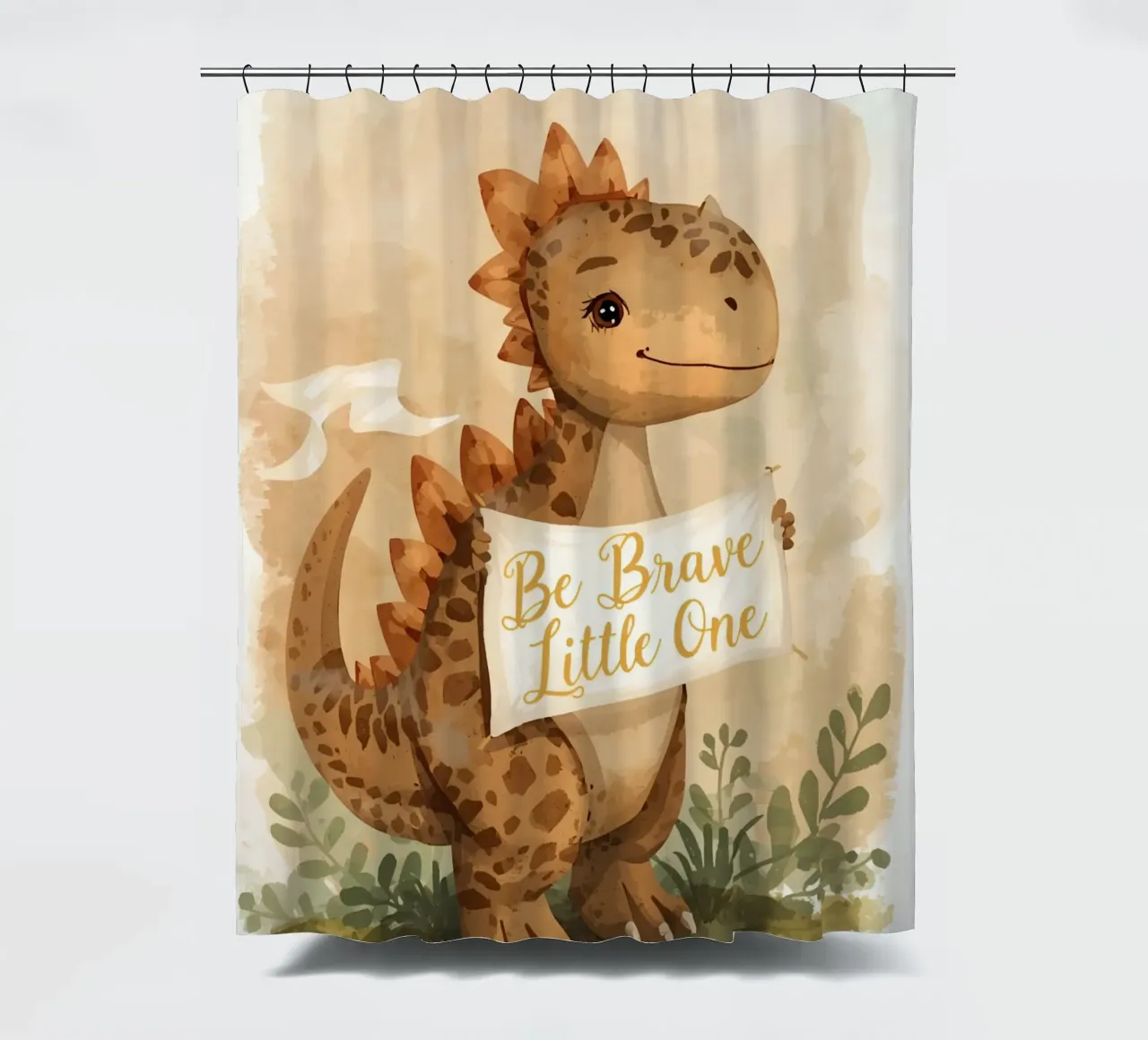 Un simpatico dinosauro con in mano lo striscione "Be Brave Little One". tenda da doccia da DesignDoodle